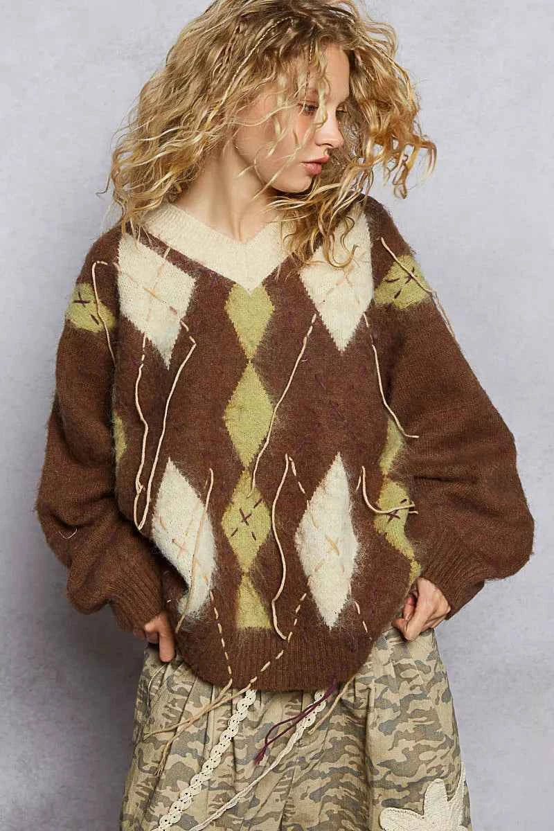 POL V-Neck Argyle Pattern Mohair Sweater with Contrast Exposed Stitch Detail 30b8ba98-2be0-4a28-a671-98d2bce7e9be-Max-Origin