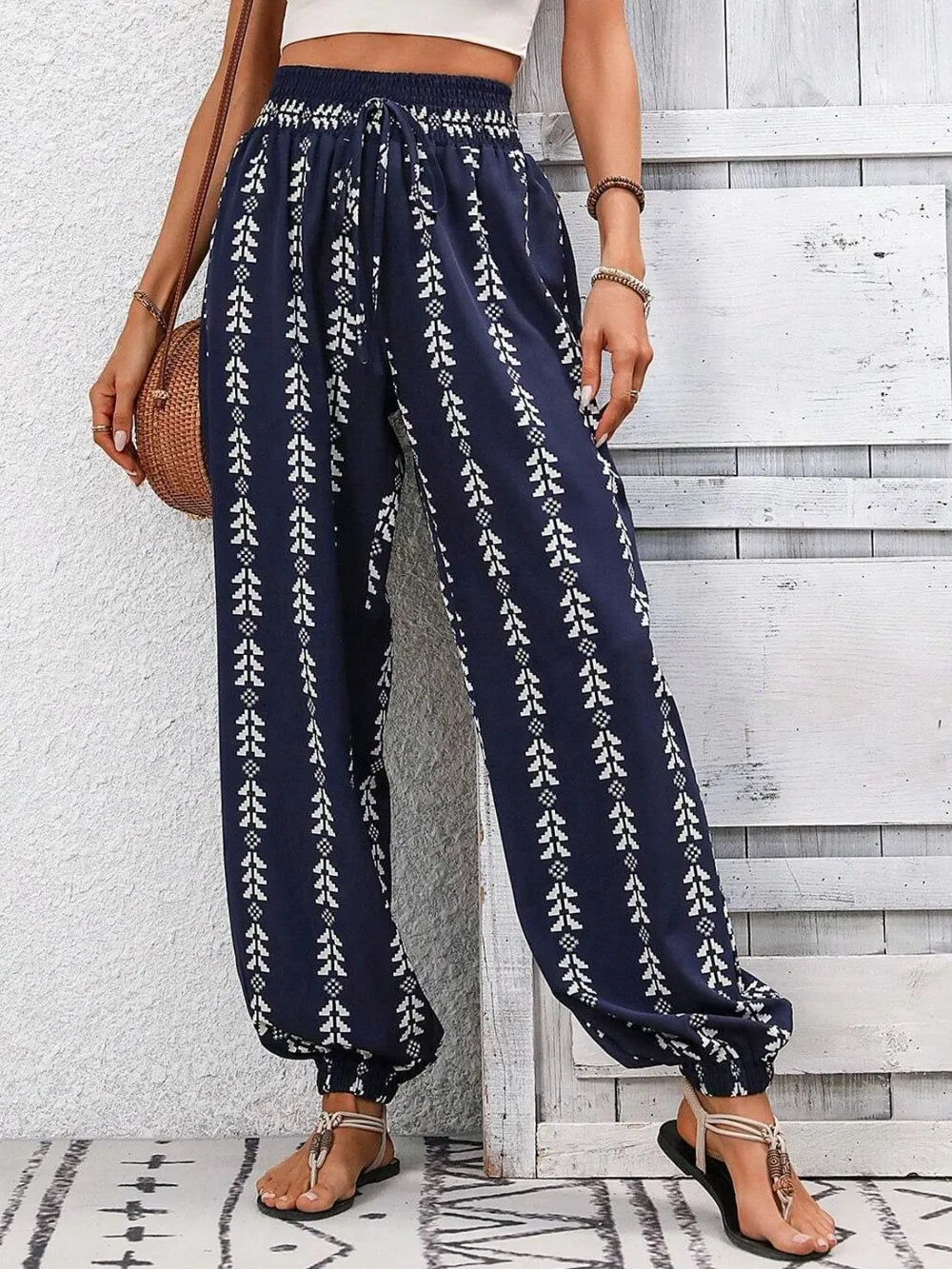 Tied Printed High Waist Pants Dark Blue 30b92376-0746-4c29-9c91-aa34afe05ff3-Max