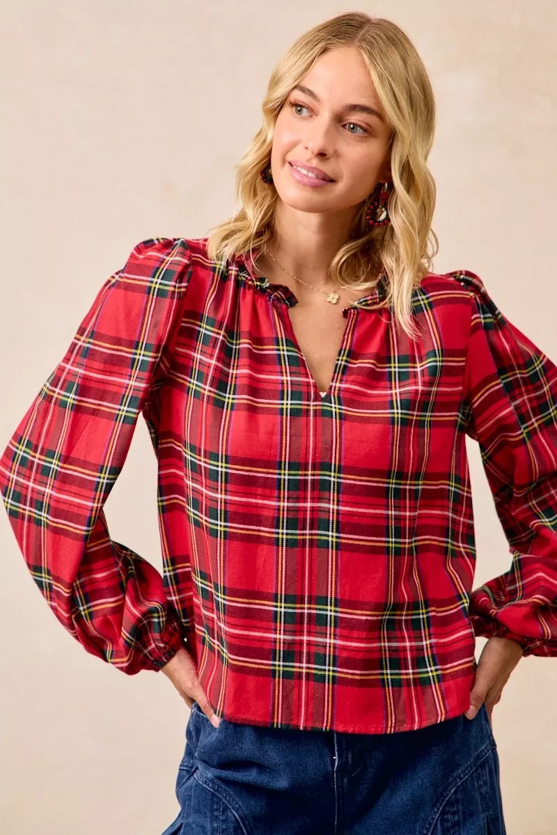 BiBi Christmas Plaid Balloon Sleeves Ruffled V-Neck Top 30b9502e1d33440790ca22bcac99ef80-Max-Origin