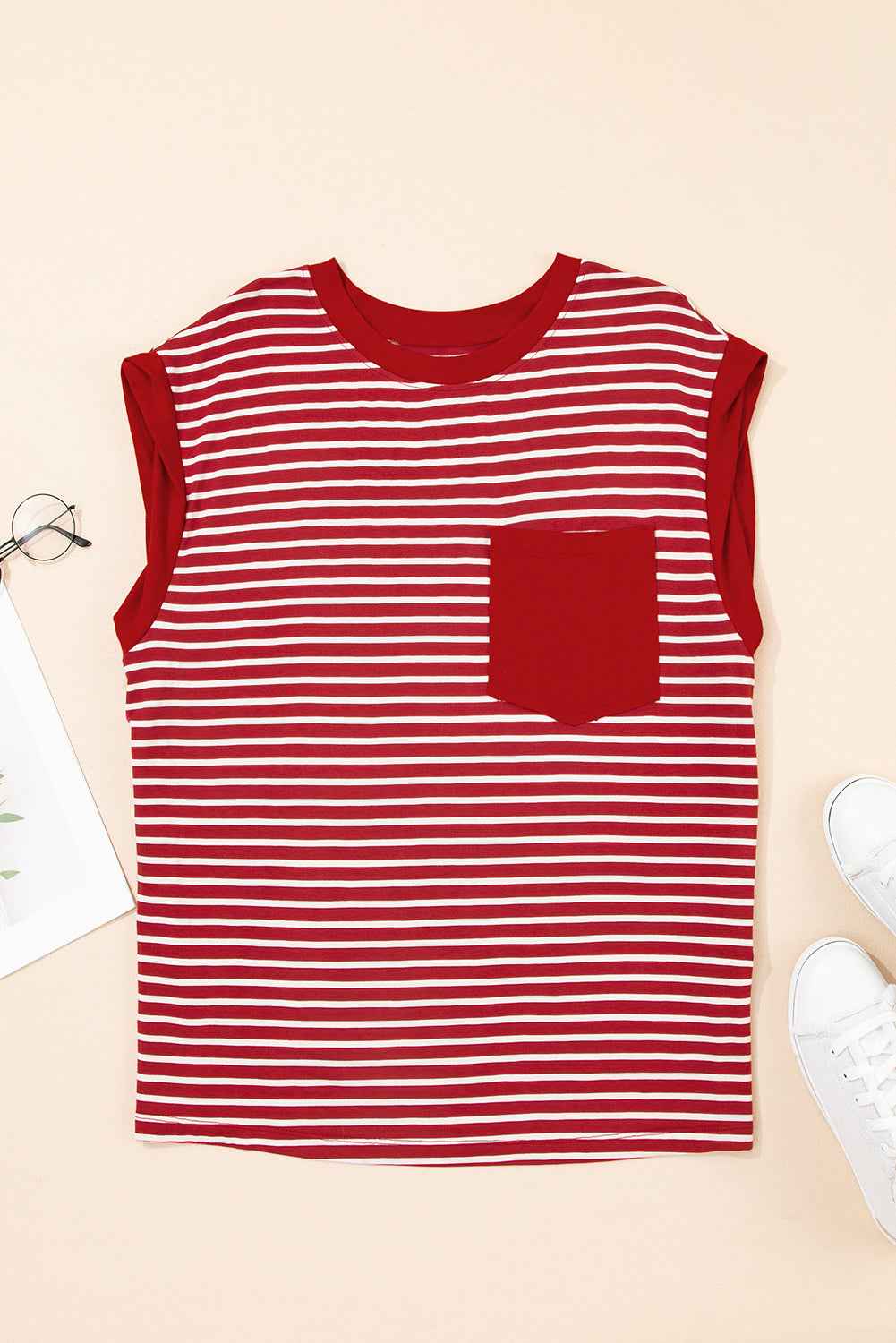 Red Stripe Chest Pocket Patch Round Neck Sleeveless Tee 30bdeeb67b760f77