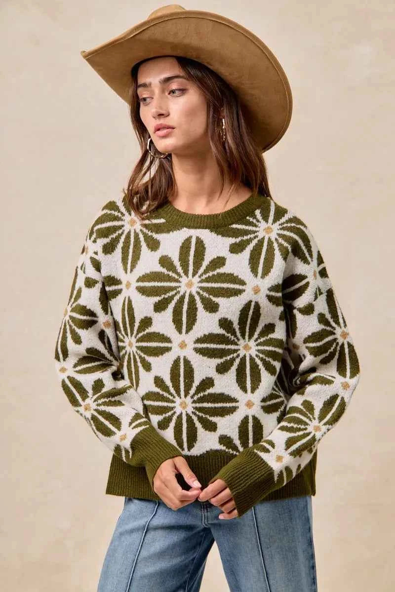 BiBi Flower Pattern Long Sleeve Sweater OLIVE IVORY 30c4111348b345eab35e035fb8a3d805-Max-Origin
