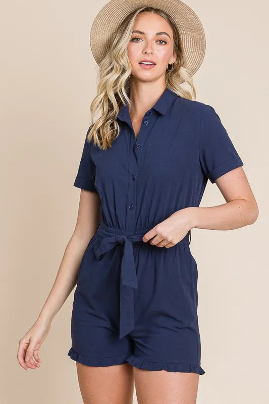 Lime 'N' Chili Collared Button Down Romper with Tie Belt 30c6a468b3c247358a18a500009ecad1-Max-Origin