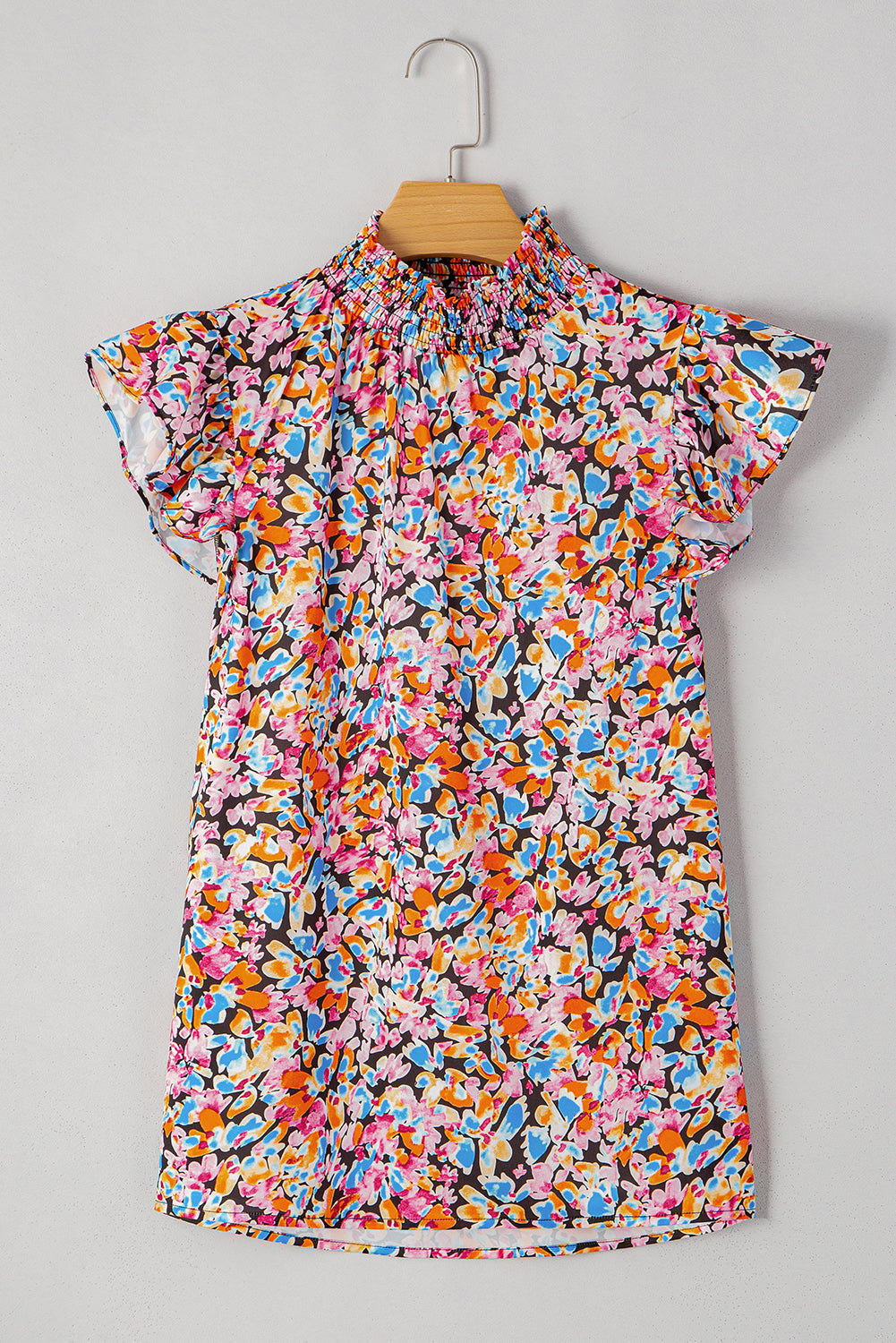 Orange Floral Print Shirred Stand Neck Flutter Shoulder Blouse 30cc179411262e0e