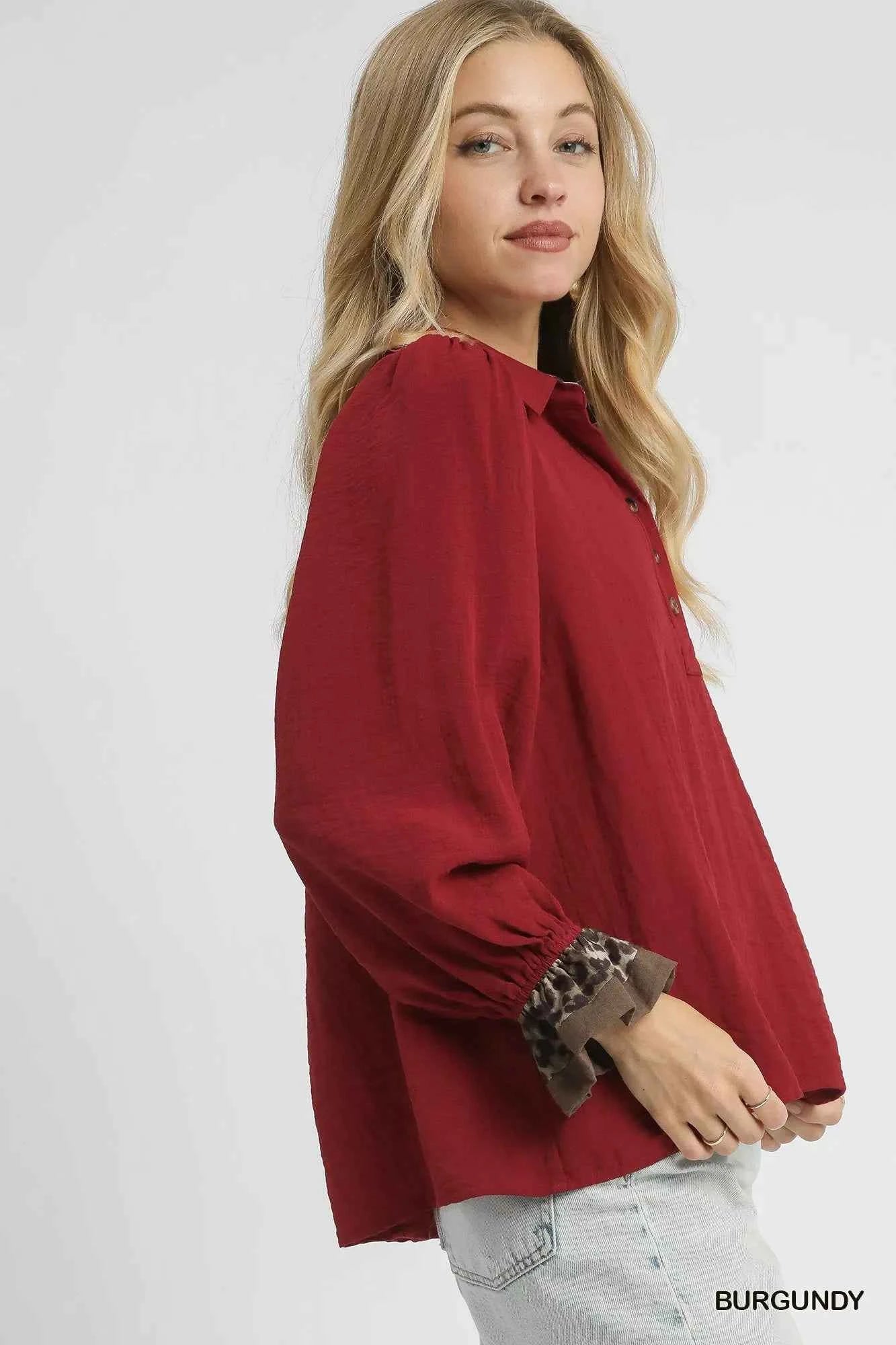 Umgee Half Button Blouse with Leopard Print Trim 30d54a4a-31a3-40ae-8543-dd5bab8e9191-Max-Origin
