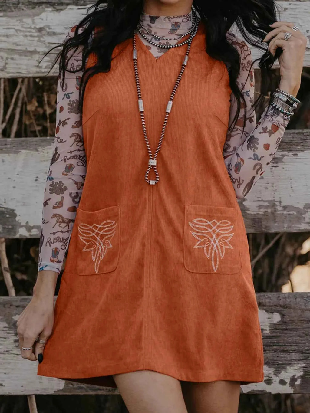 Corduroy Western Embroidered Patched Pocket Shift Sleeveless Mini Dress Ochre 30d71101ef2c4eba90d74c139fa5d998-Max-Origin