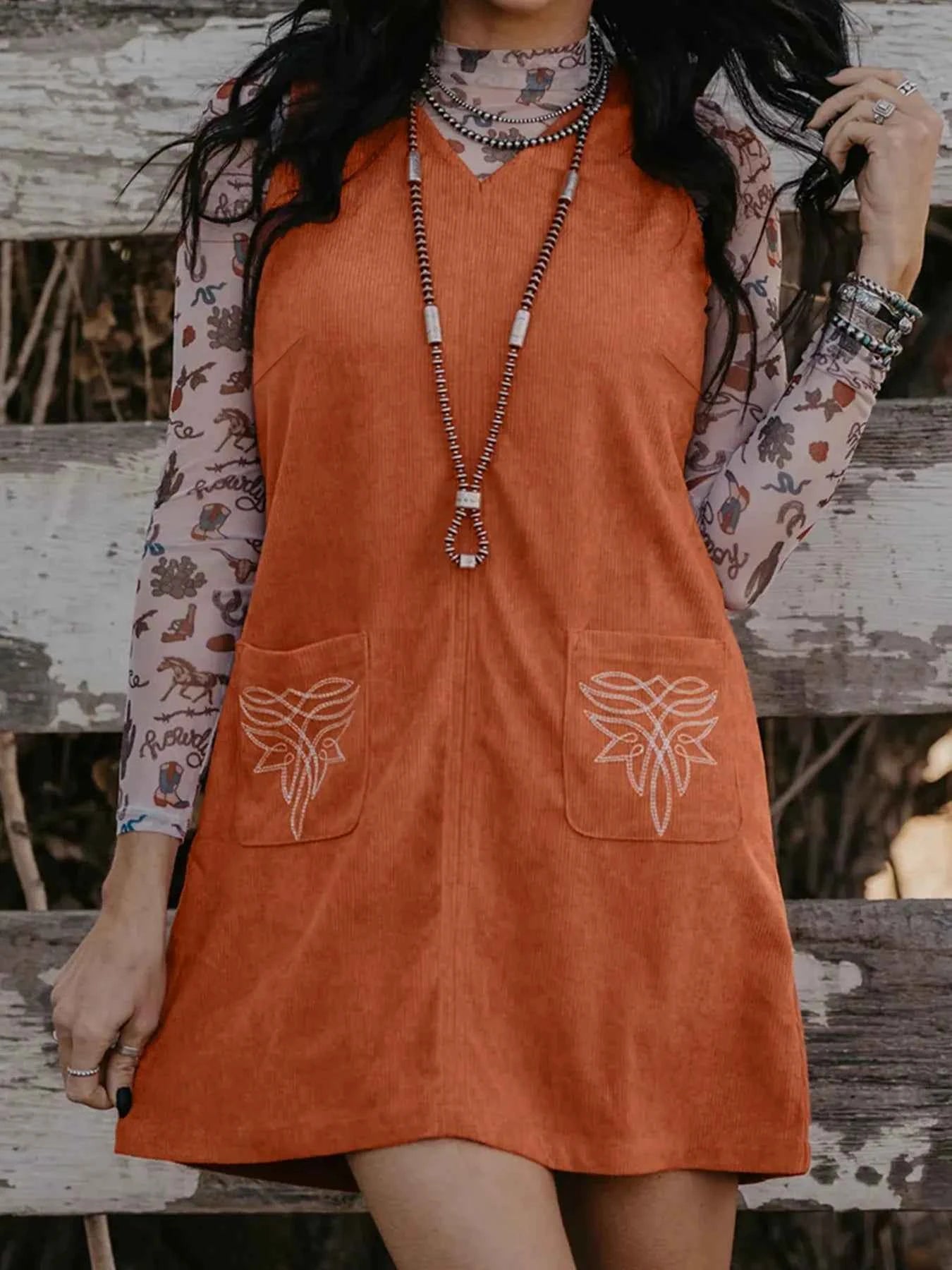 Corduroy Western Embroidered Patched Pocket Shift Sleeveless Mini Dress Ochre 30d71101ef2c4eba90d74c139fa5d998-Max-Origin