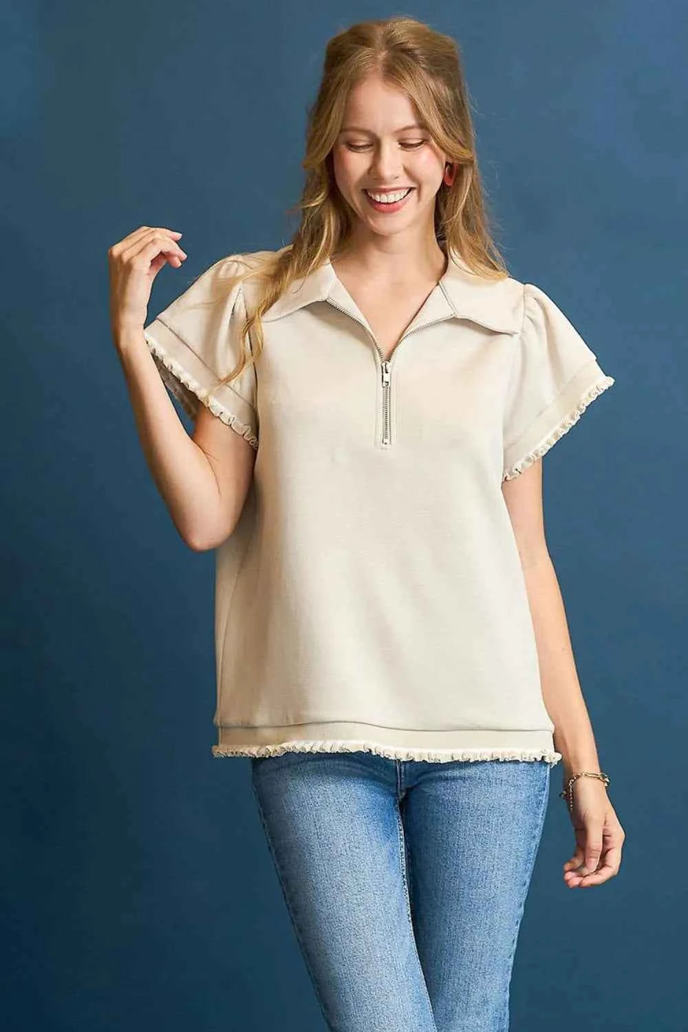 Umgee Frill Hem Half-Zip Collared Blouse Cream 30d816a1-8cfa-4f7b-bbce-05d2f0ae009d-Max-Origin