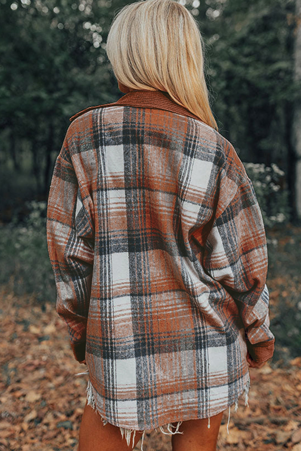 Cinnamon Plaid Corduroy Patchwork Pocket Loose Shacket 30f63c8484c07972