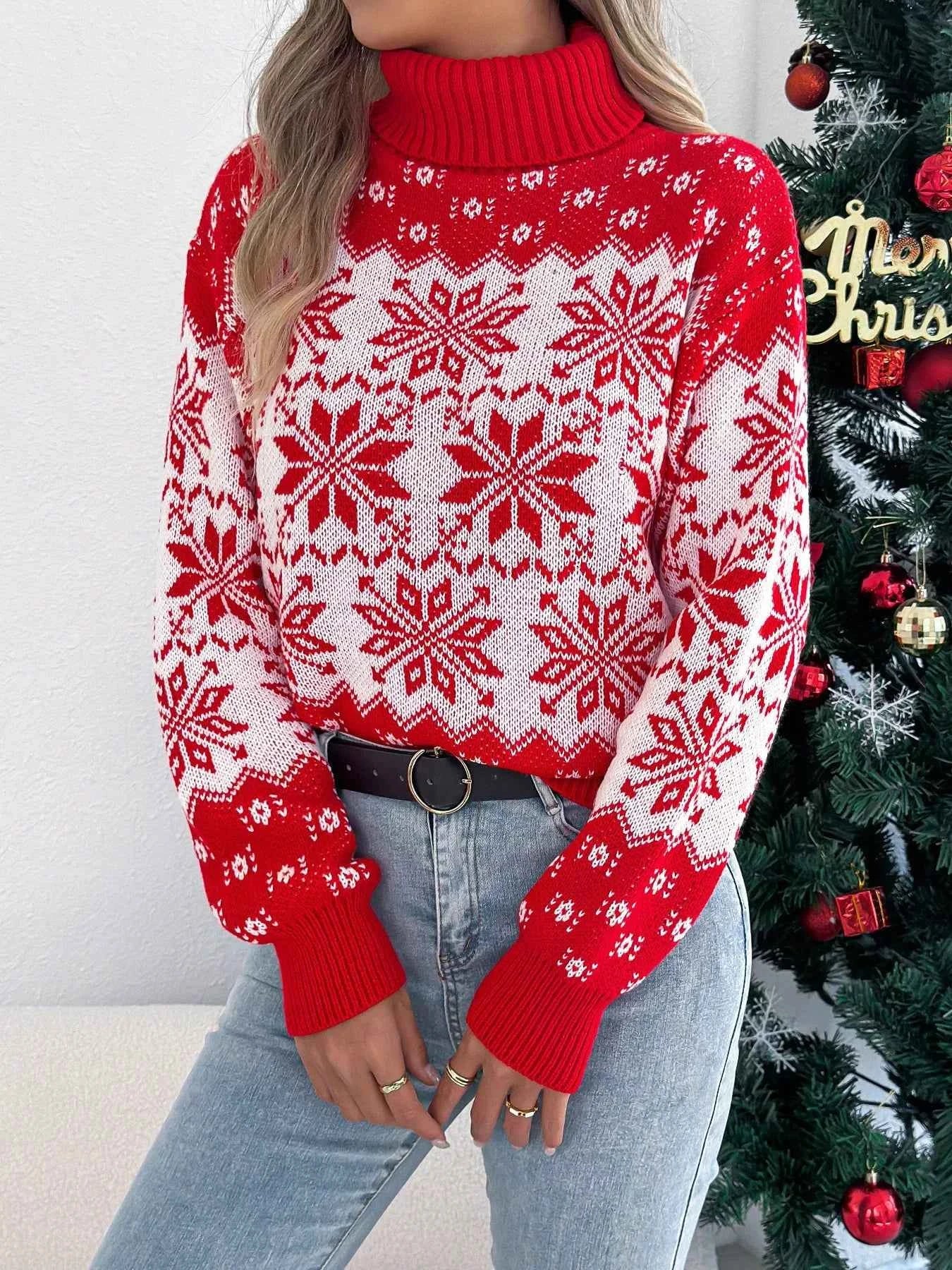 Christmas Snowflake Turtleneck Long Sleeve Sweater Red 311fbe3a-daef-4ec5-ac1b-af614f439926-Max-Origin