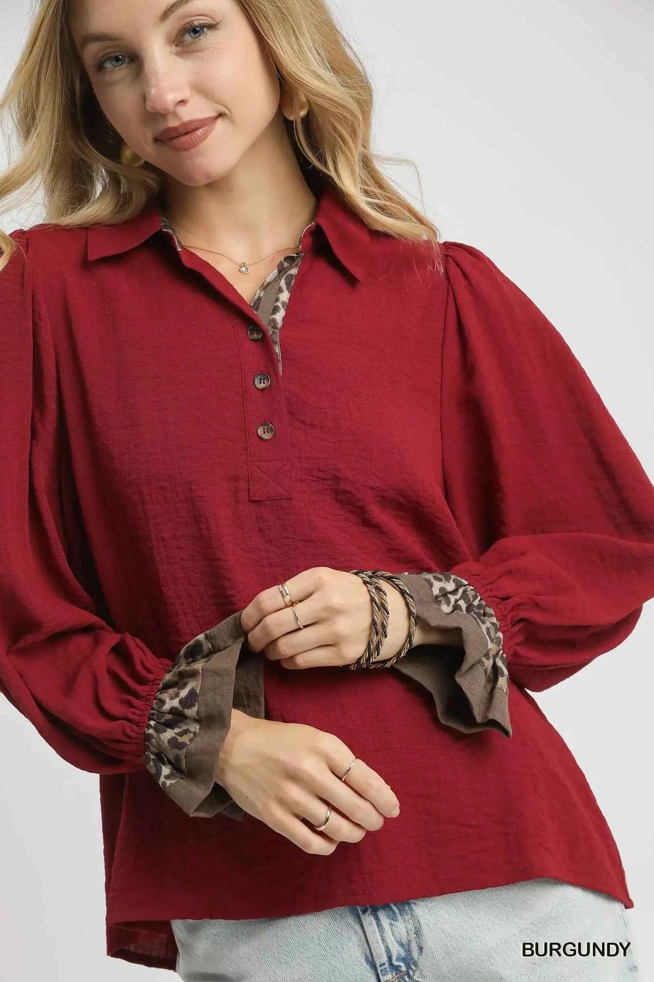 Umgee Half Button Blouse with Leopard Print Trim 312958e8-f5fb-488a-95ff-62fb240f074a-Max-Origin