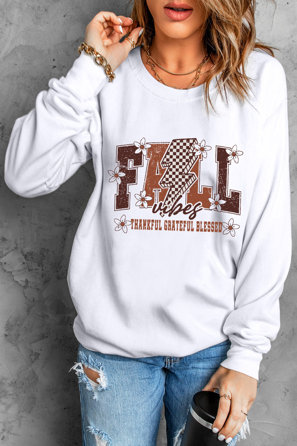 White FALL THANKFUL GRATEFUL BLESSED Heat Transfer Printing Graphic Drop Shoulder Sweatshirt 314869377141ad18
