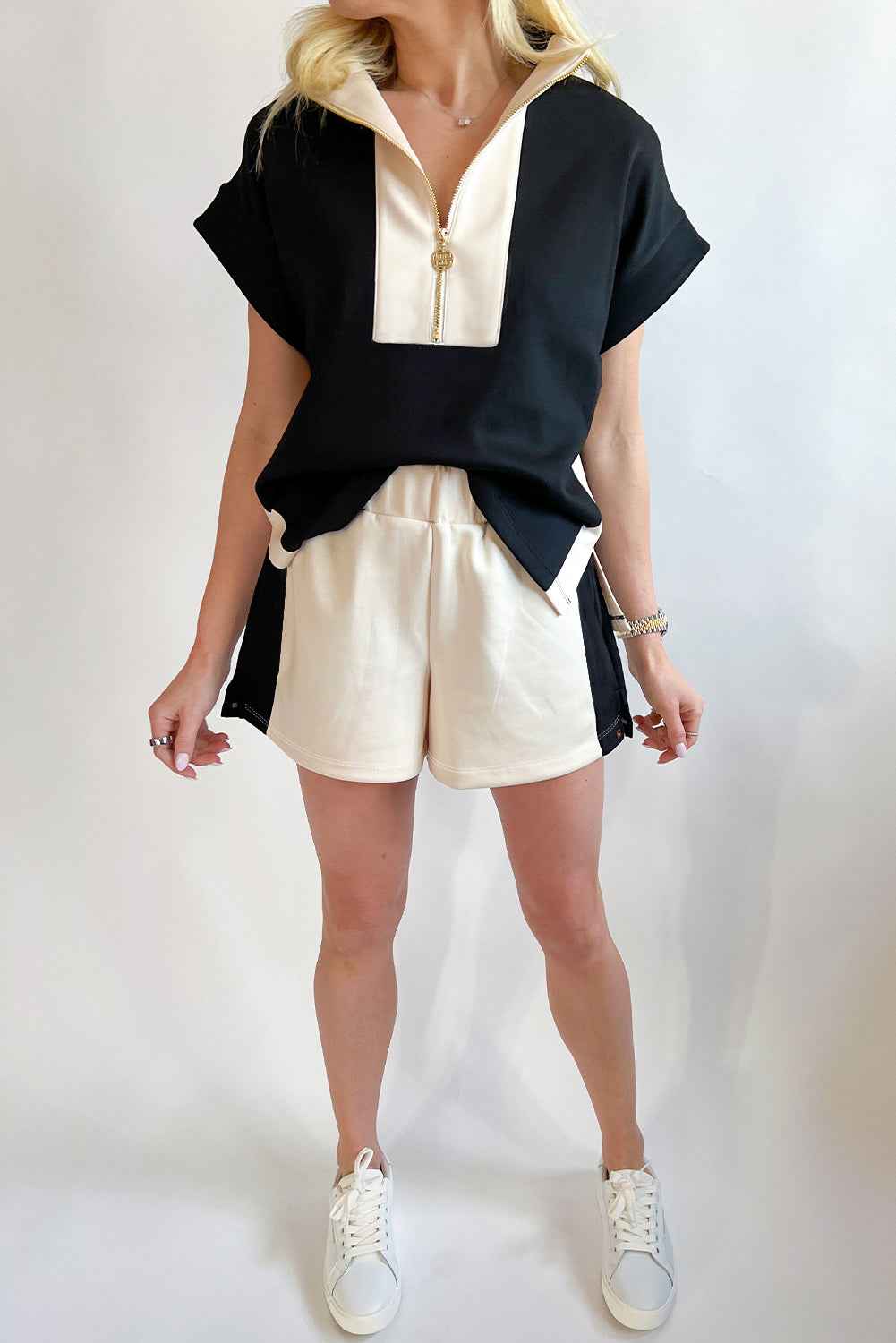 Black Colorblock Zipper Collar T Shirt and Shorts Set 3149361dfa2db7fa