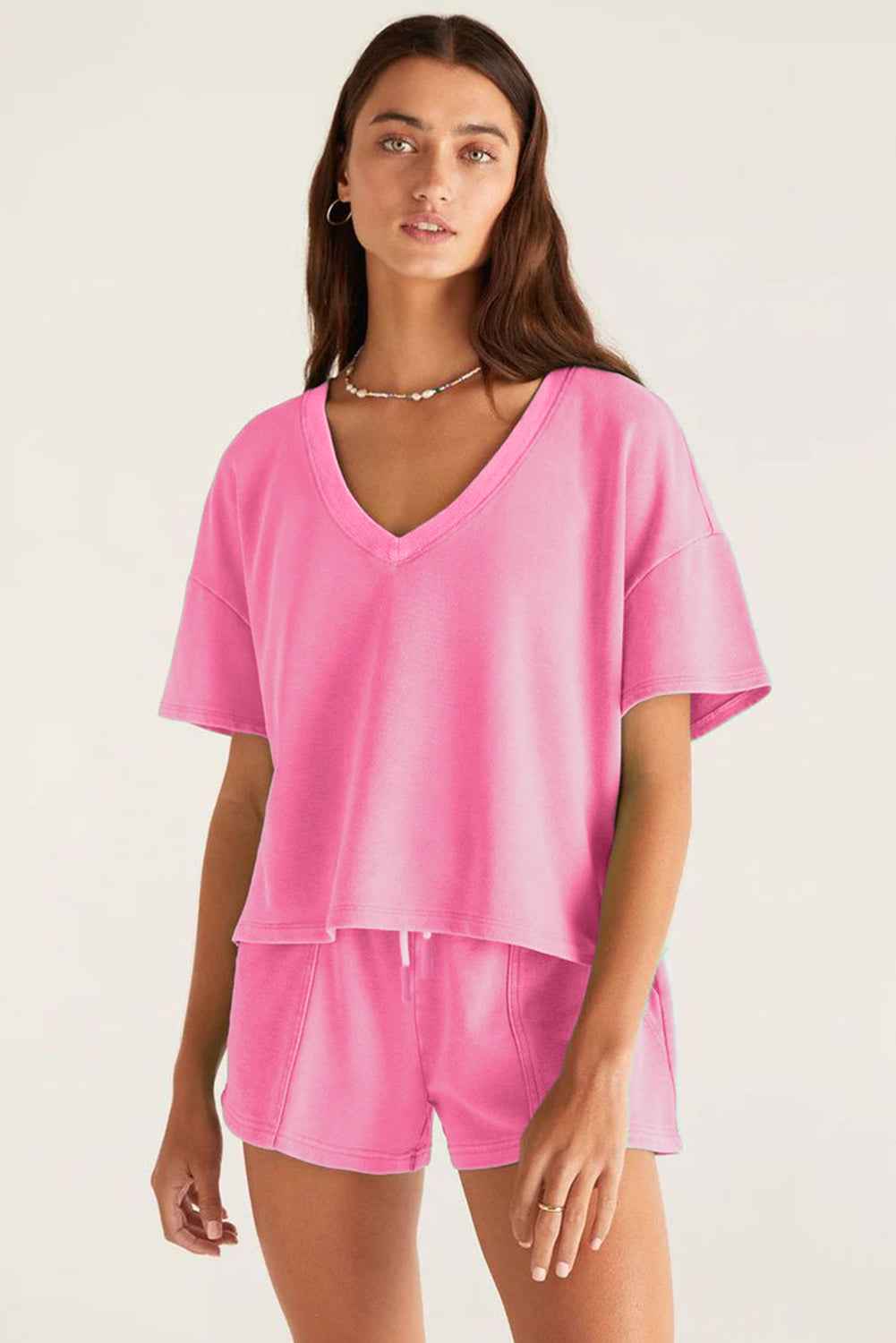 Mint Green V Neck Drop Shoulder Tee and Patchwork Shorts Set 315ea8ac189eaa62