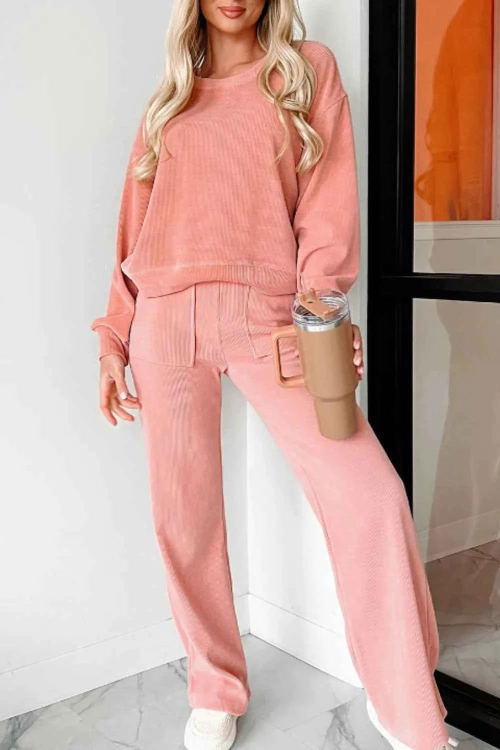 Round Neck Long Sleeve Top and Pants Set 316231da-0154-470f-97a7-4a14801b92f7-Max