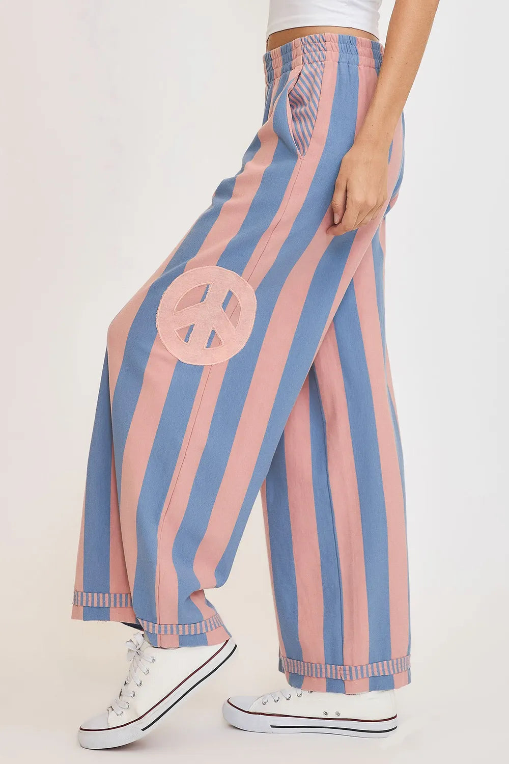 Umgee Peace Sign Patch Striped Wide Leg Pants 318b3ef7-9c62-4973-ba50-2f83edefb975-Max