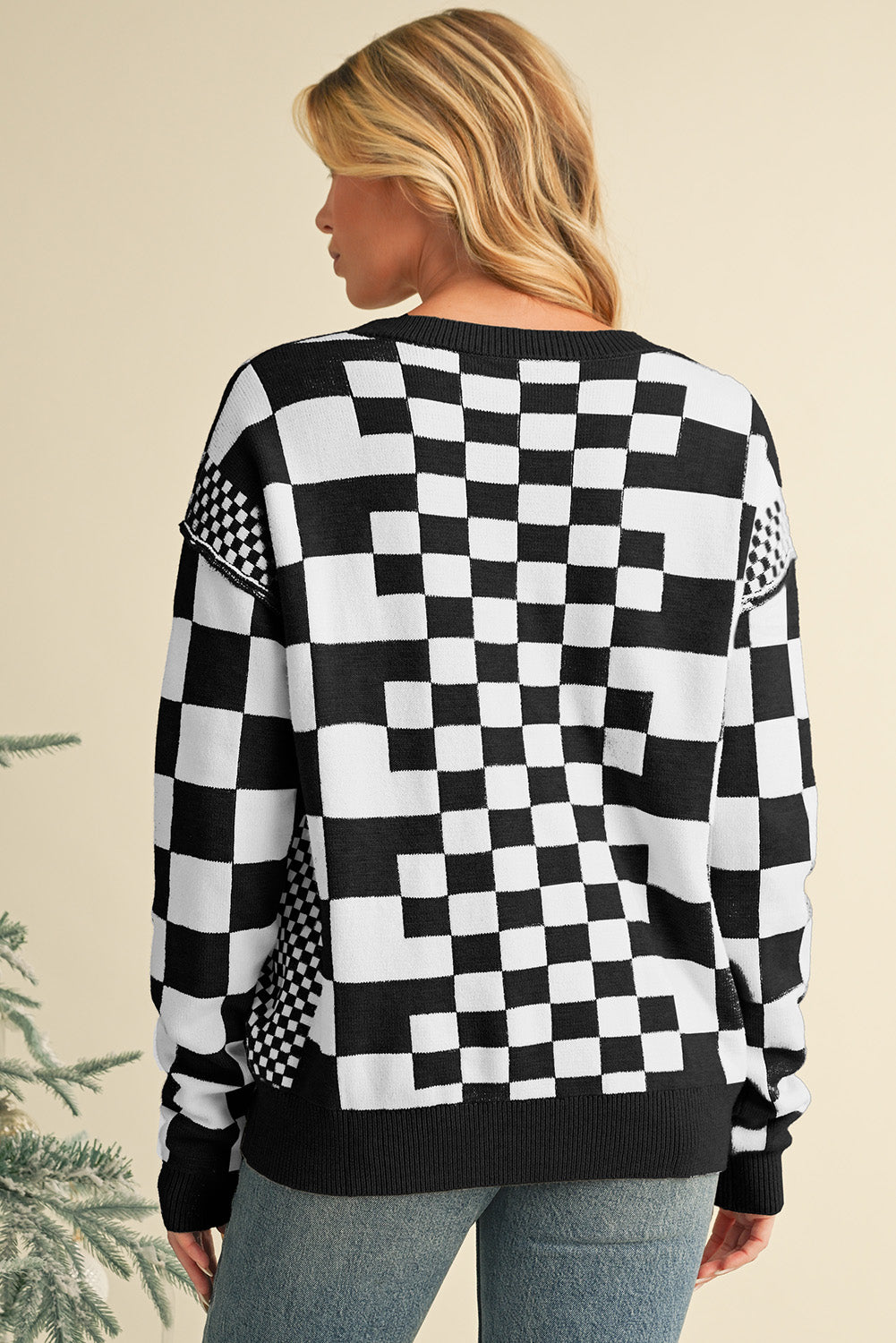 Black Checkered Drop Shoulder Round Neck Sweater 318e5be10f911ec5