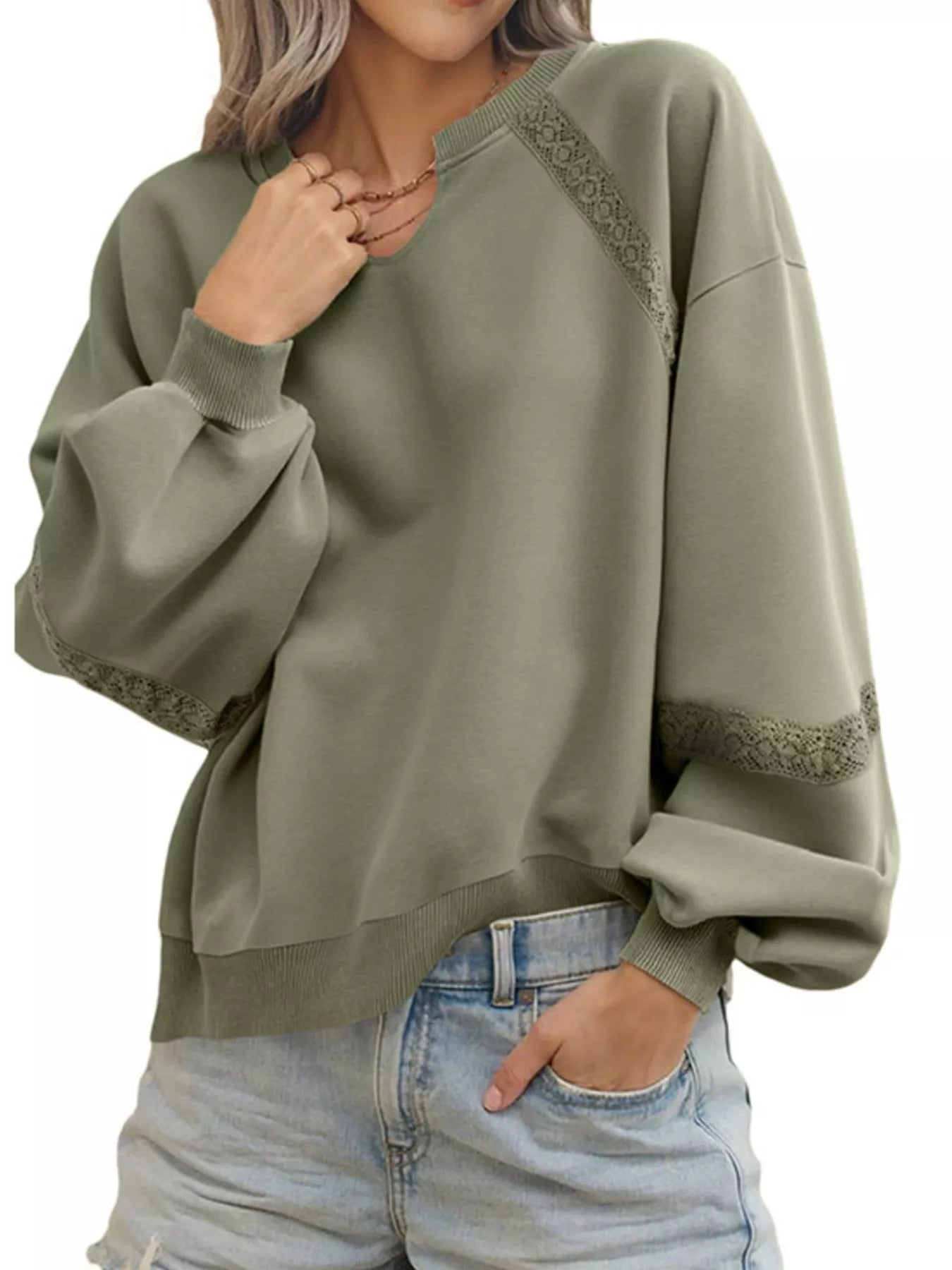 Lace Detail Notched Long Sleeve Sweatshirt Matcha Green 318f5b50-966e-4bab-a618-439598e366dd-Max-Origin