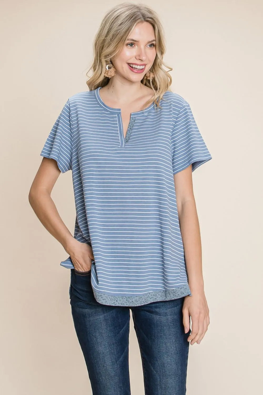 Cotton Bleu by Nu Lab Slit Striped Notched Short Sleeve T-Shirt 319690f4-c682-4590-9fb2-7d2b59f6c665-Max