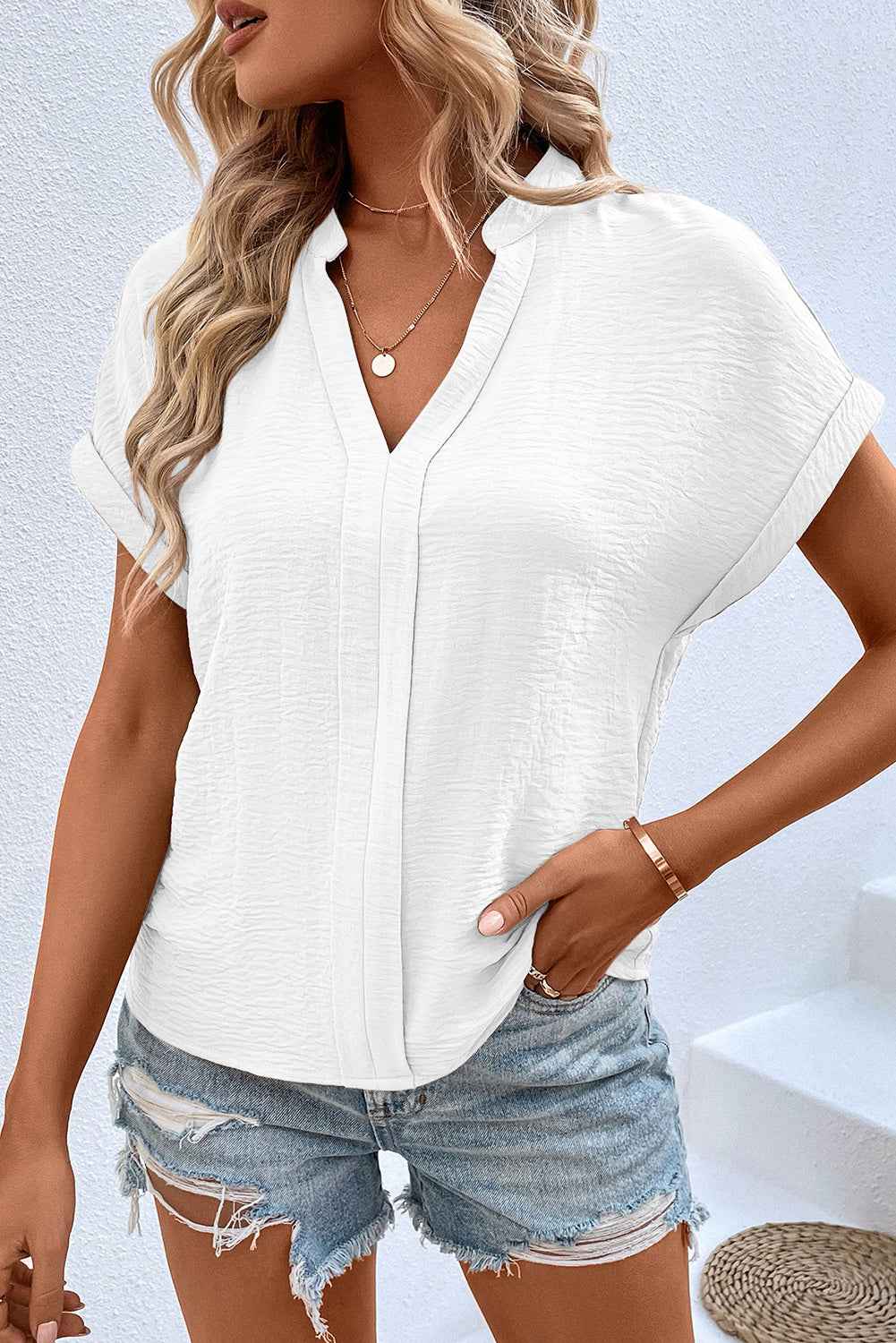 White Notched Neck Batwing Sleeve Blouse 31b1326e155c9ca9