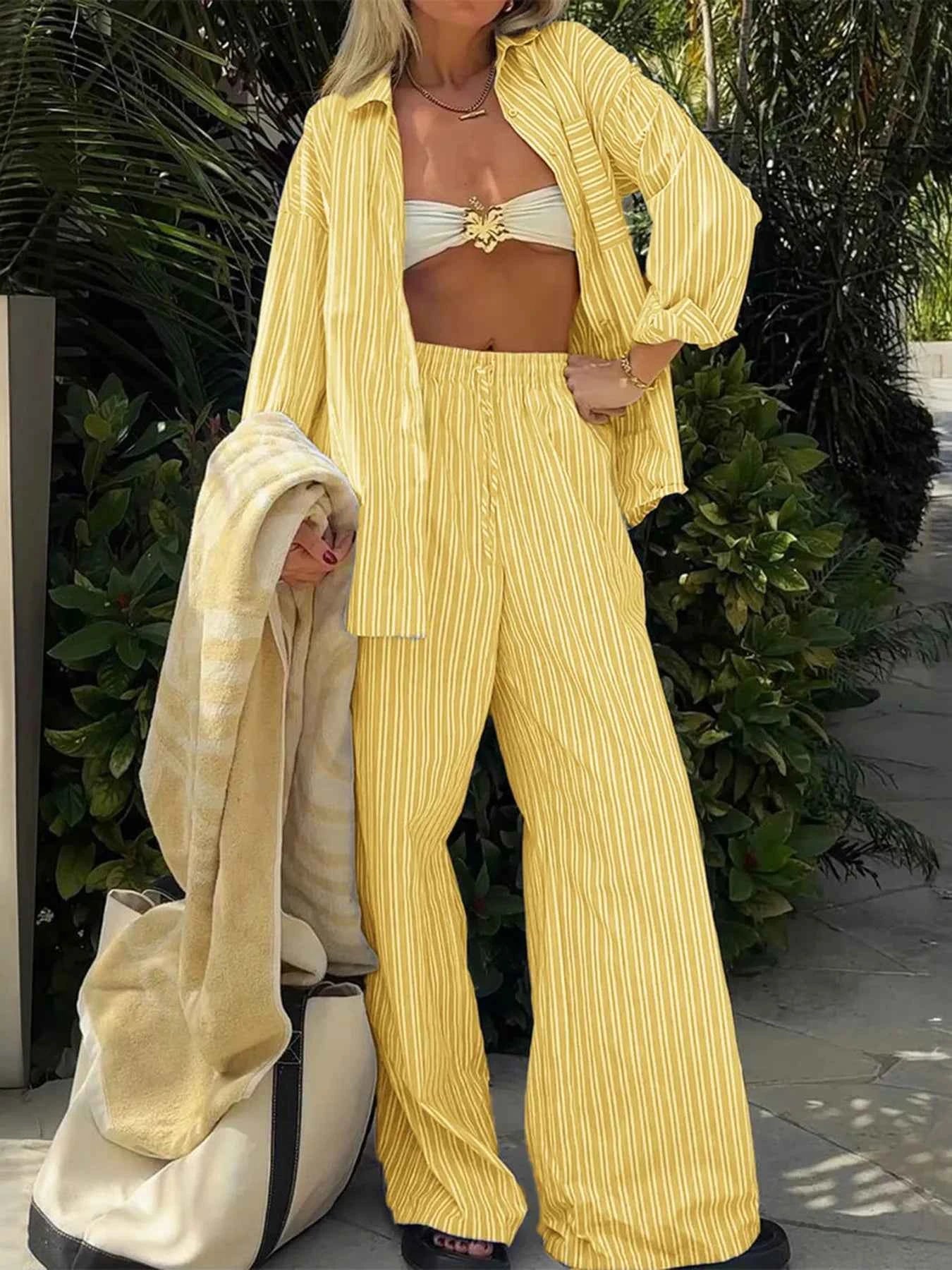 Striped Button Up Shirt and Pants Set Yellow 31bf12c6a1824d8d854a1a85bf3bc021-Max-Origin