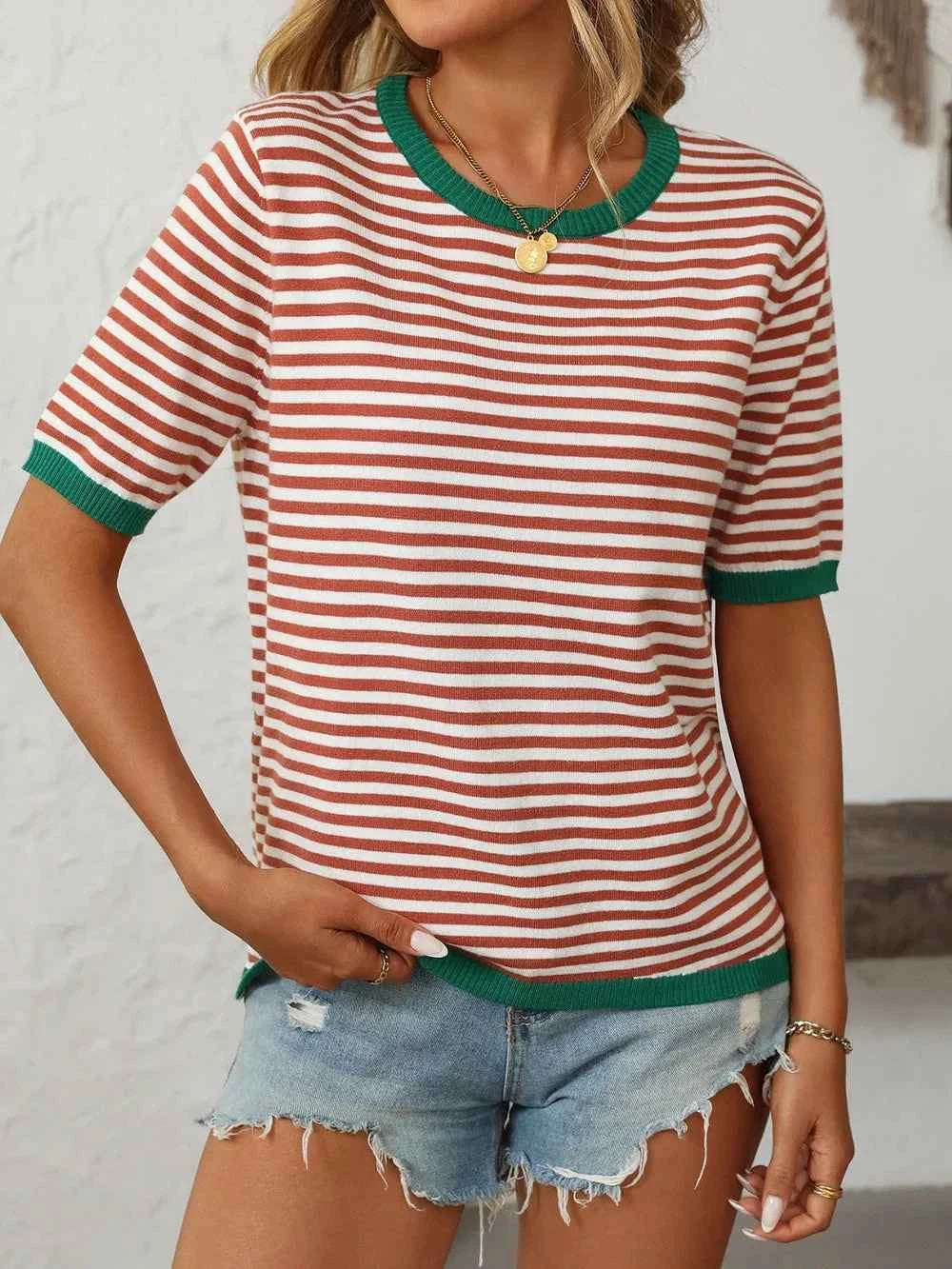 Mandy Striped Round Neck Half Sleeve Knit Top 31cf3285-c2ec-4c39-87fb-2f4ed08fd04b-Max
