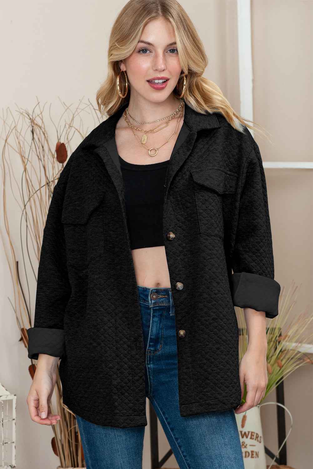 Black Lattice Texture Retro Flap Pocket Button Quilted Shacket 31d70220eac39876