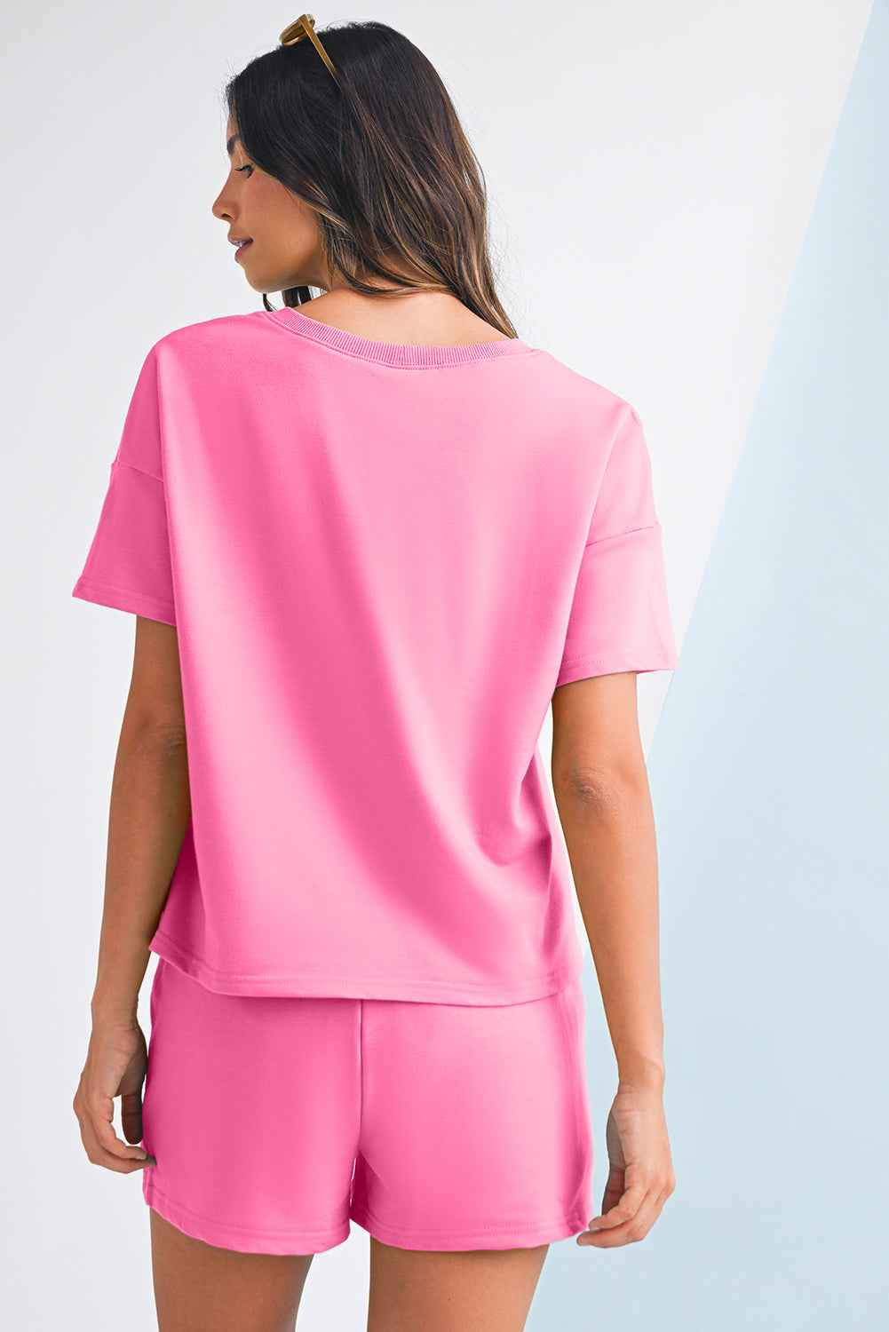 Mint Green V Neck Drop Shoulder Tee and Patchwork Shorts Set 31de70f8e2d4d9f2