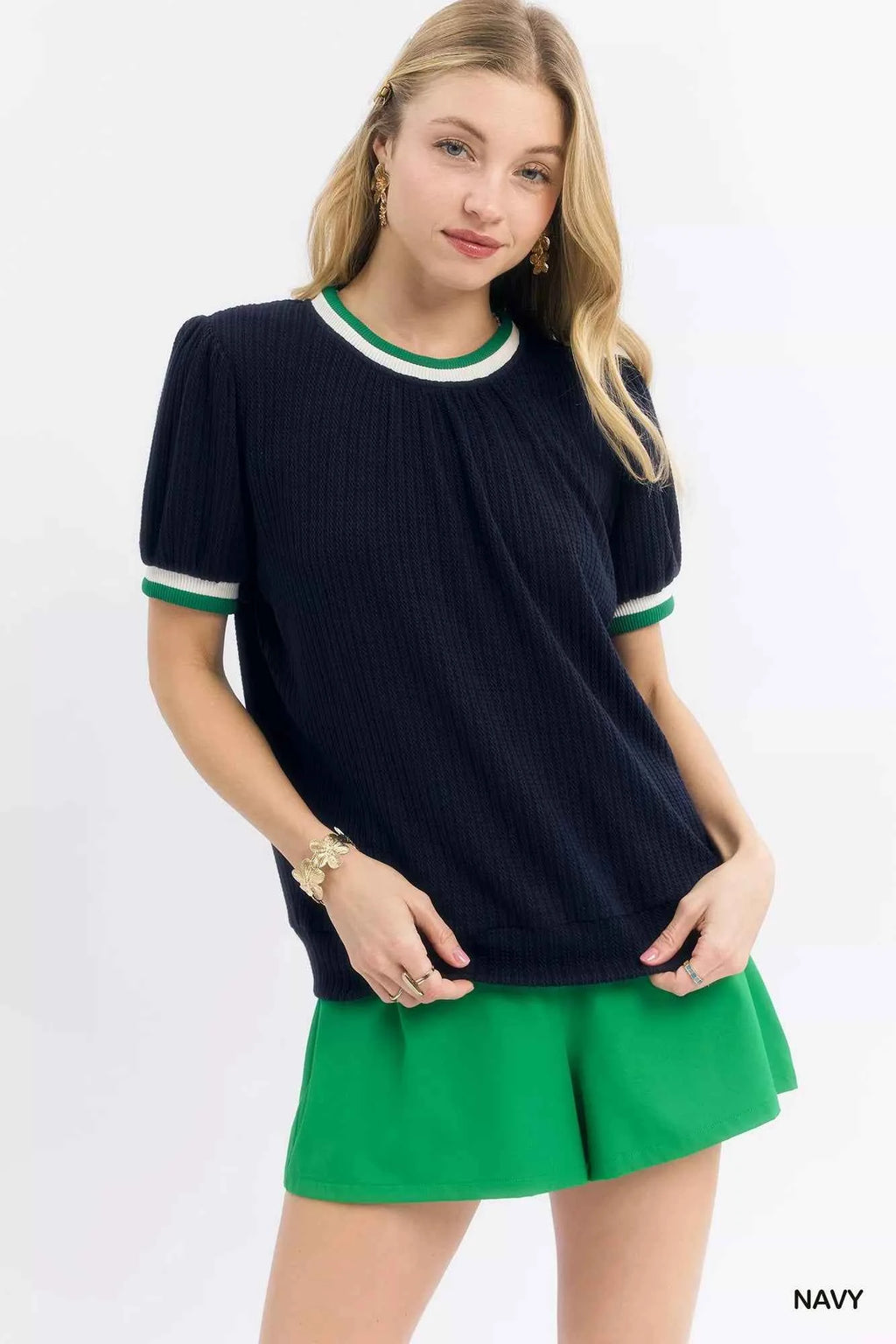 Umgee Puff Sleeve Knit Top with Contrast Rib Trim NAVY 31df6a71-98ca-458a-b95e-ccab8a4afc0d-Max-Origin