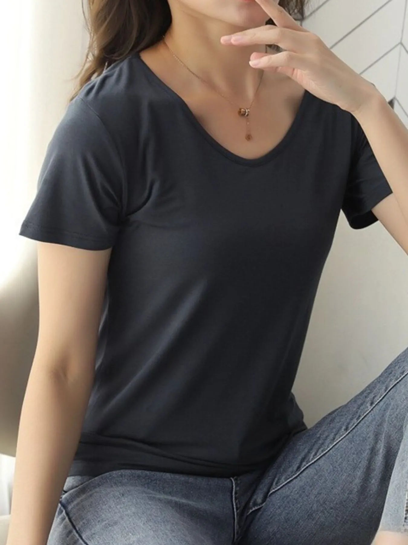 V-Neck Short Sleeve T-Shirt Dark Gray 320c0d2e-7510-4940-893b-cb221ddf7292-Max-Origin