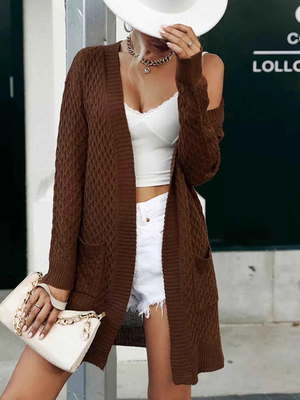 Cable Knit Open Front Cardigan Coffee 322626732e0c458f9d50713e8cb7320e-Max-Origin