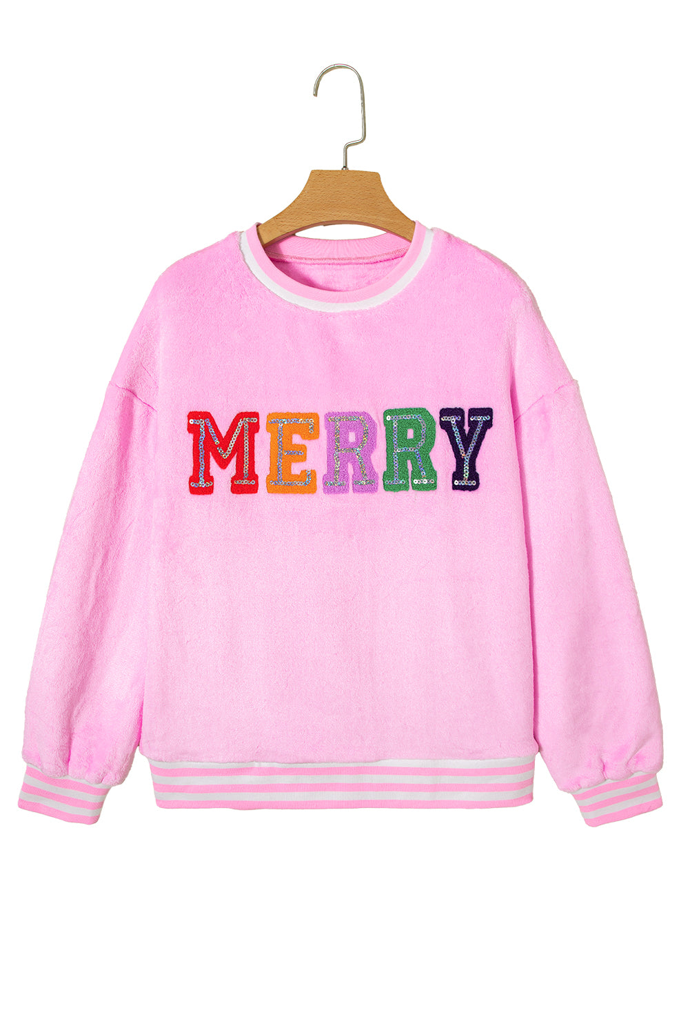 Sachet Pink Merry Letter Pattern Plush Pullover Sachet Pink 100%Polyester 3282f9c4af75e71e
