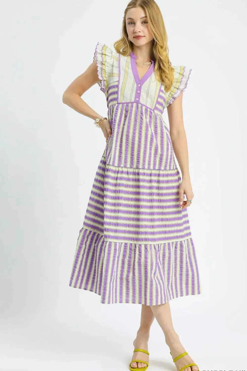 Umgee Striped Ruffle Cap Sleeve Midi Dress Heliotrope Purple 32856fc9-b107-491a-82ec-be90db1f165b-Max-Origin