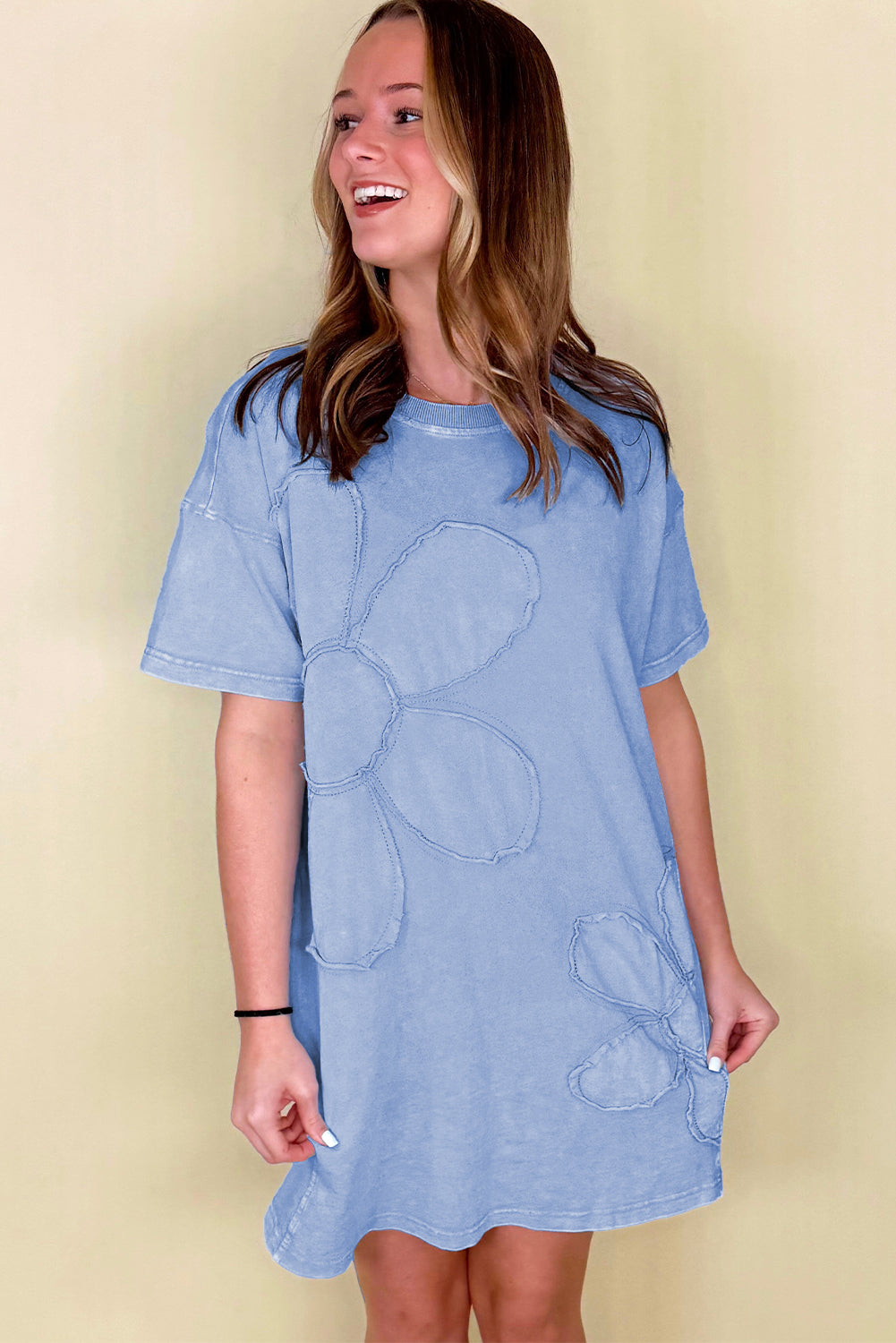 Sky Blue Mineral Wash Flower Patchwork Mini T Shirt Dress 328ab7319911dfcf