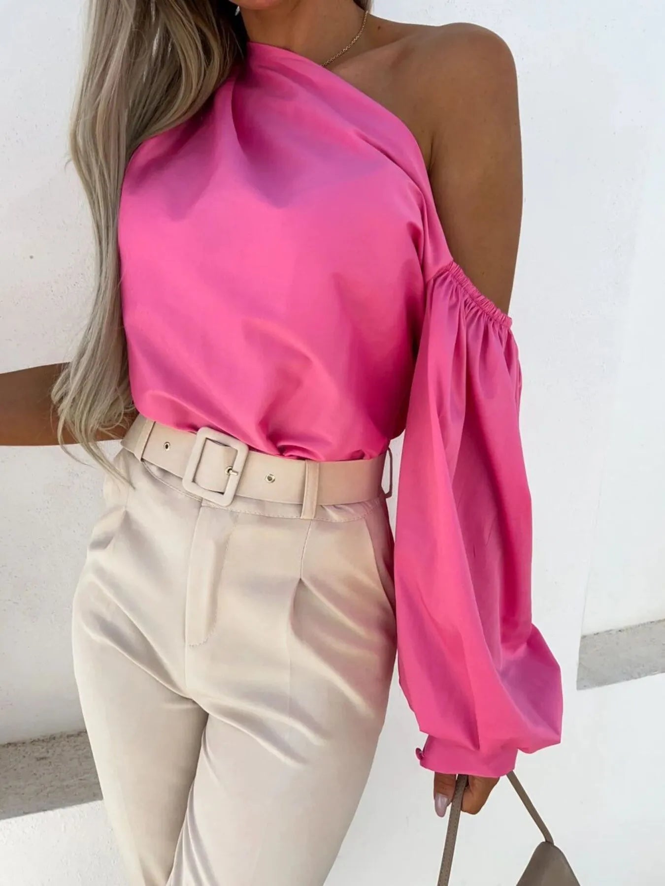 One Shoulder Puff Sleeve Blouse Fuchsia Pink 329287c8d29441ce815548550f2bcbd9-Max-Origin