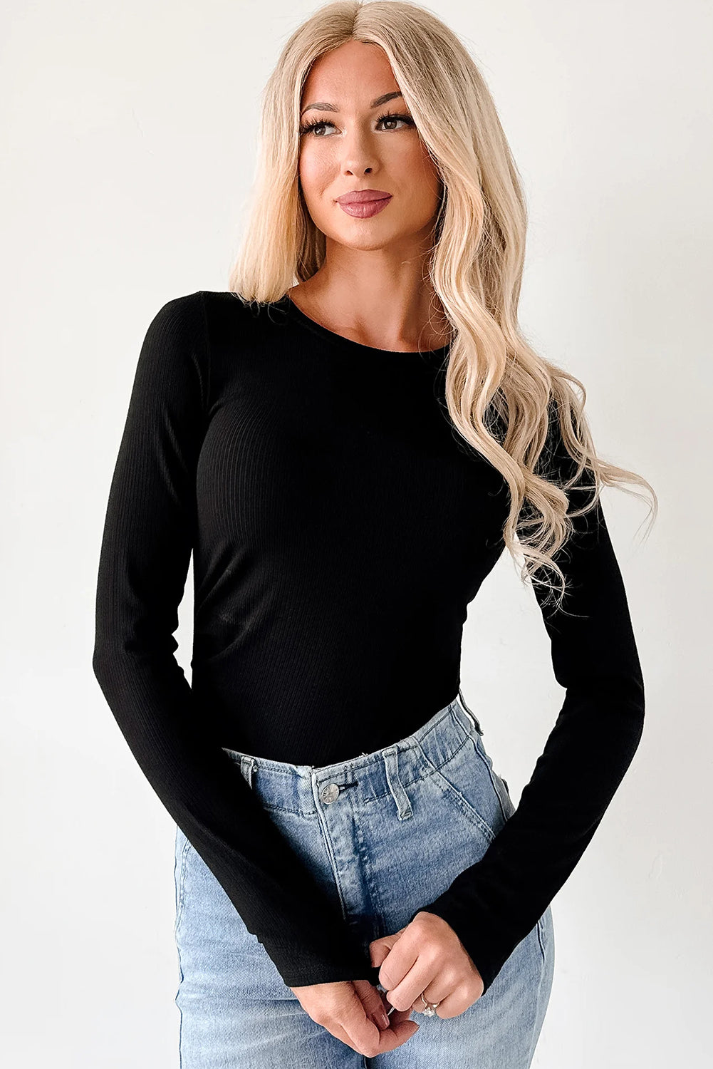 Black Ribbed Long Sleeve Crew Neck Solid Color Bodysuit 3295b3c424f6eef2