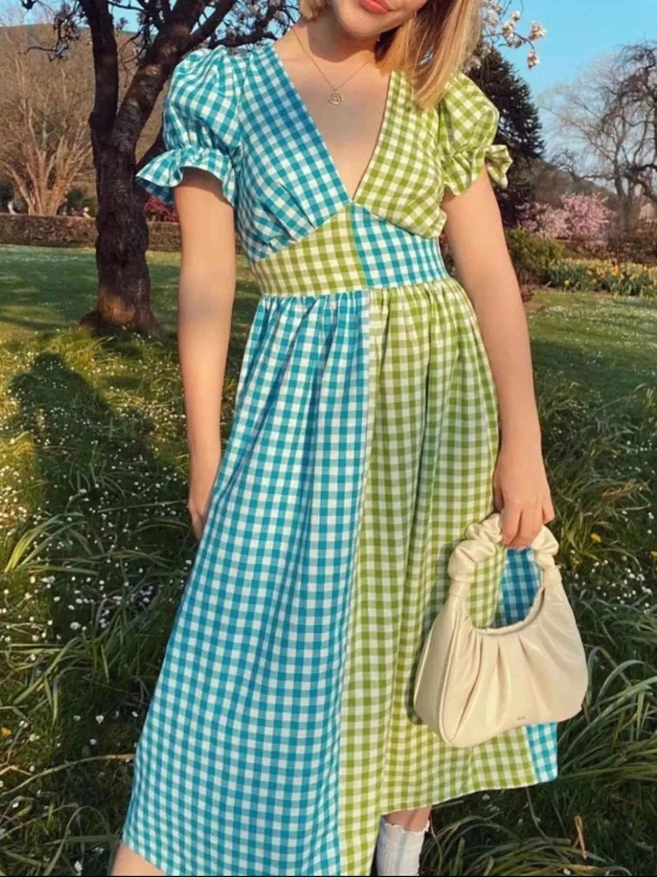 Plaid V-Neck Puff Sleeve Dress Lime 32c2d4be-153c-4f47-9a3a-eca22a3a51c3-Max-Origin