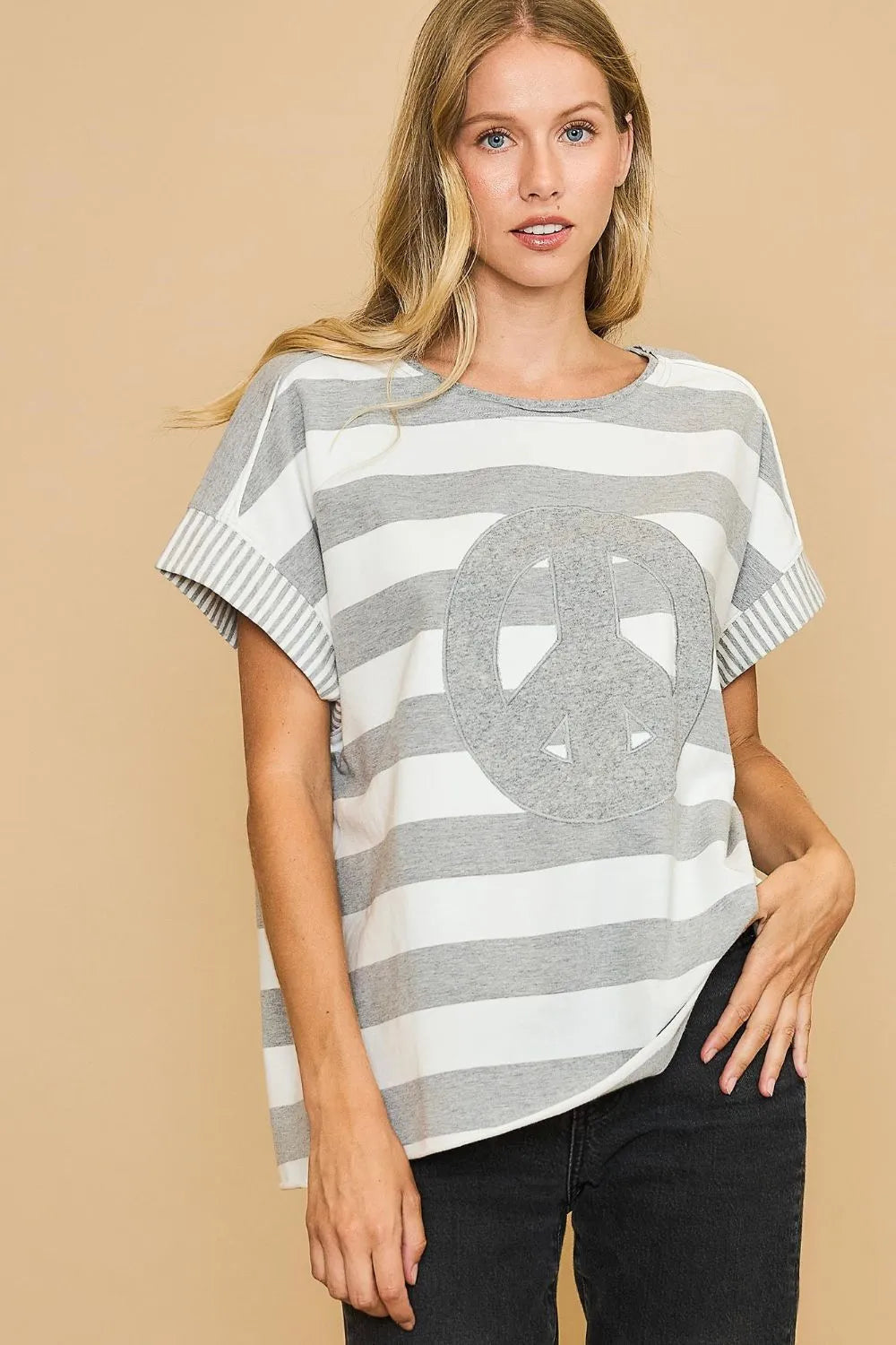 Umgee Peace Sign Patch Striped French Terry T-Shirt 32c53124-6306-468d-9108-ab49a477f7f0-Max