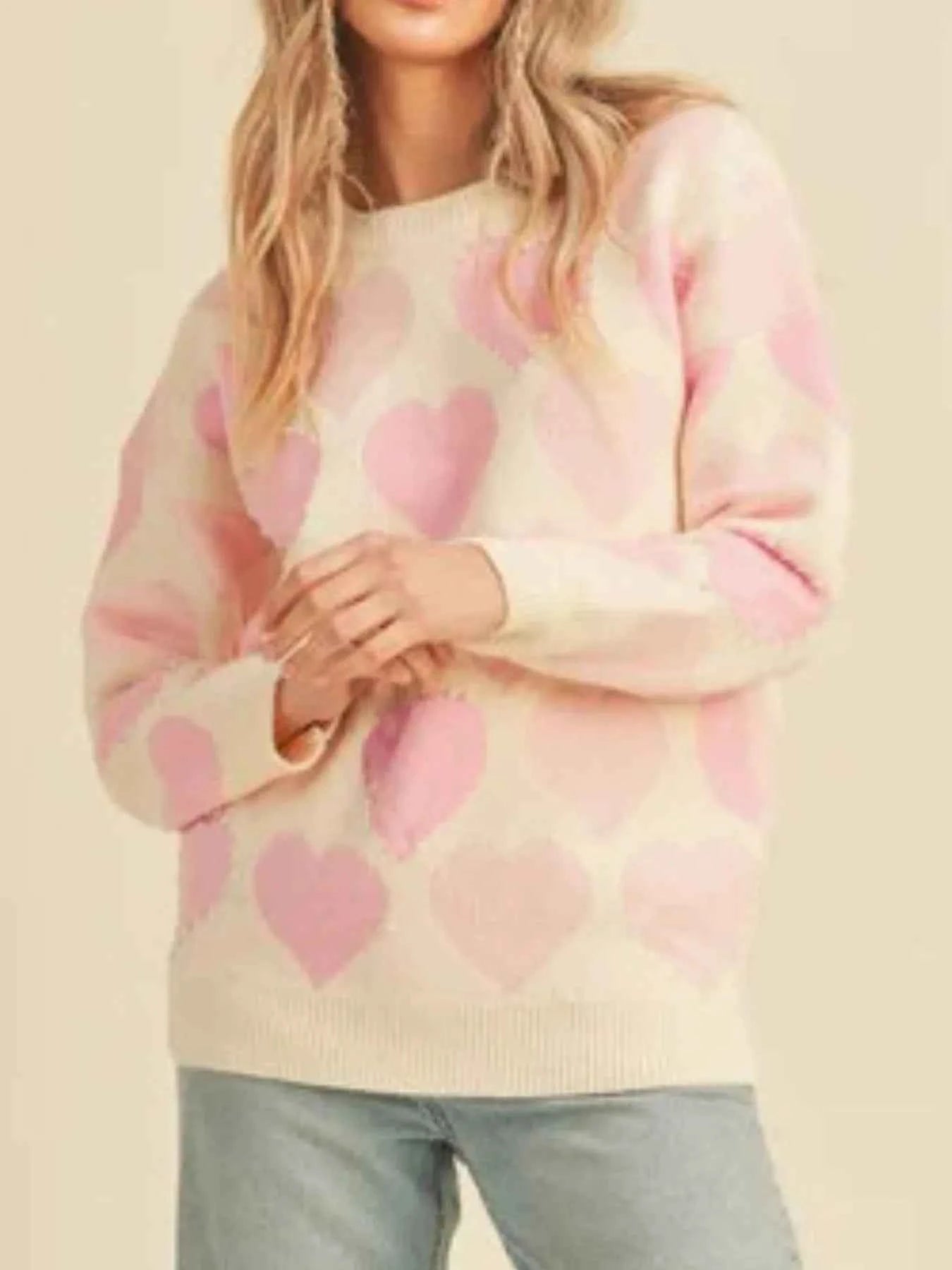 Heart Ribbed Hem Long Sleeve Sweater Watermelon pink 32cc2ebc-61d5-4d44-8a05-908d9a3d1eb4-Max-Origin