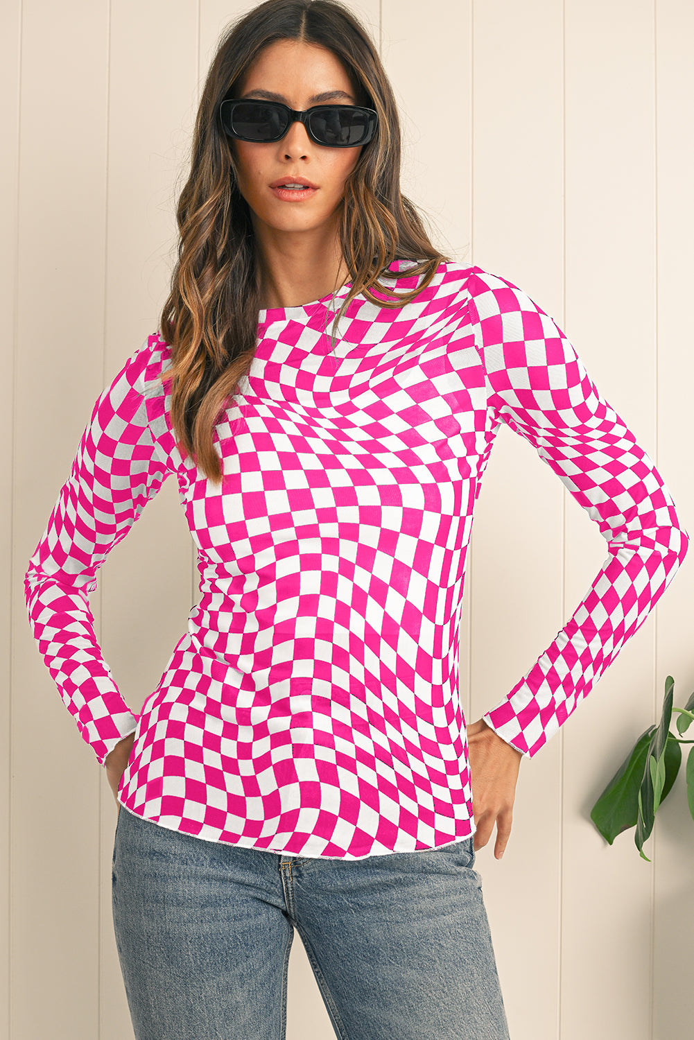 Black Checkered Pattern Mesh Long Sleeve Top 32ee4d09d2a213fb