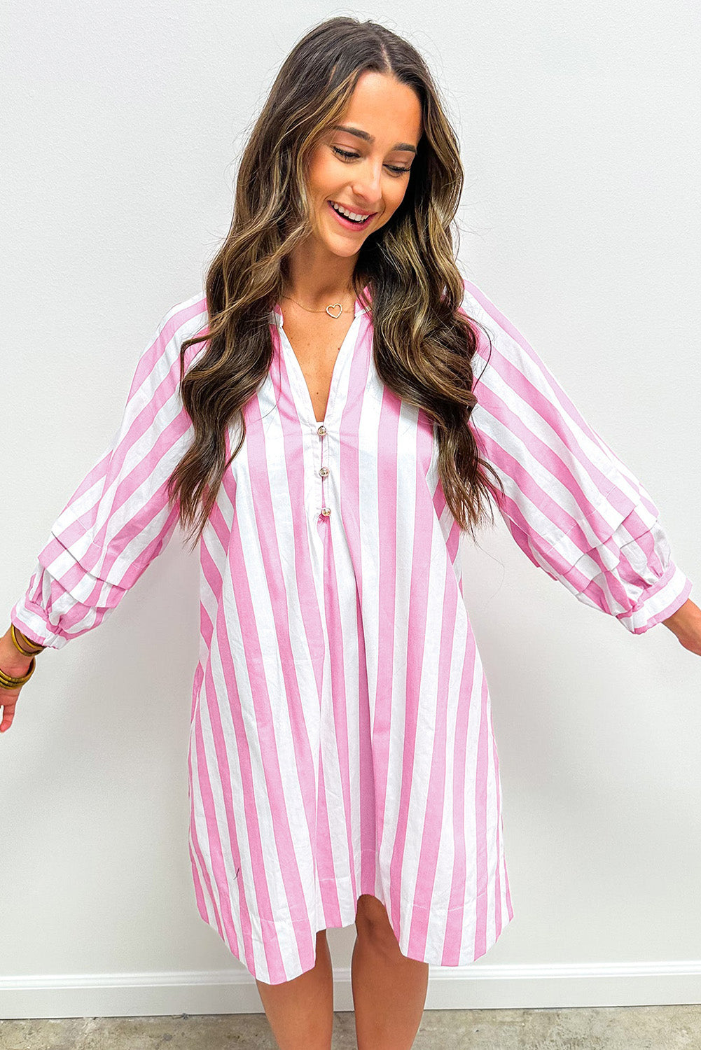 Rose Striped Long Sleeve Buttons Loose Mini Dress 32f09b43bccdf52d