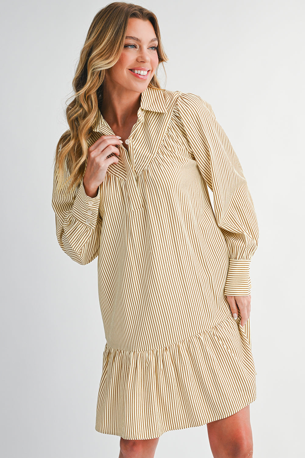 Brown Striped Shirt Collar Ruffle Hem Long Sleeve Dress 32f44f69352209a0