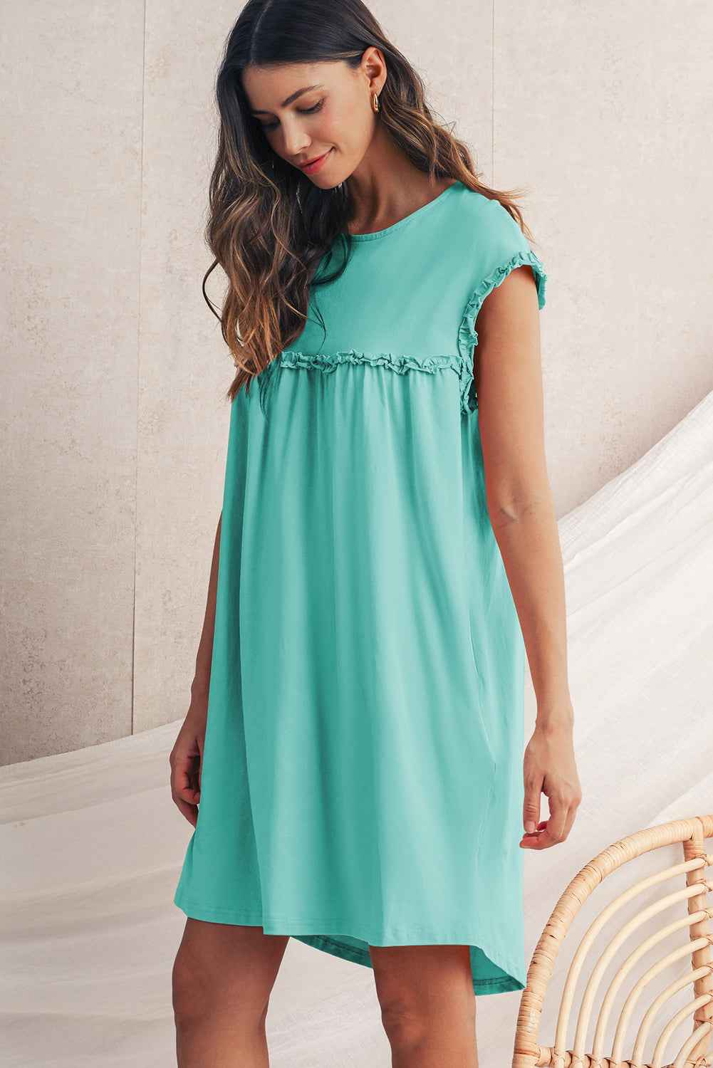 Mint Green Frilled Trim Crewneck Loose Fit Mini Dress 32fc21c0dfd65c33