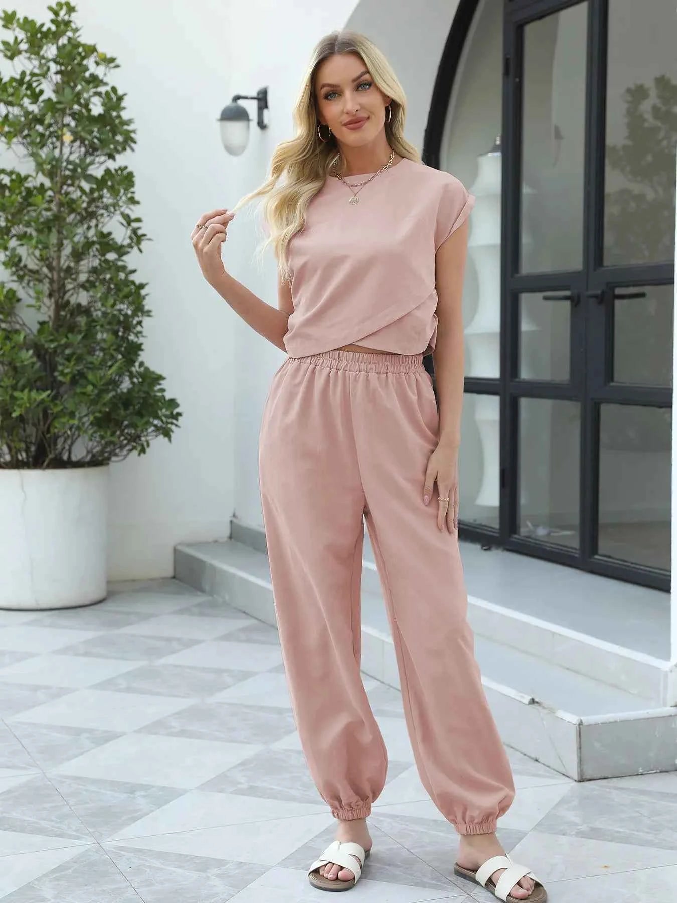 Round Neck Short Sleeve Top and Pants Set Dusty Pink 32ff9c204d694542a8d30eb1128fce46-Max-Origin