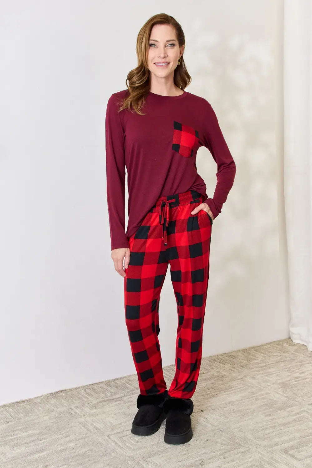 Zenana Full Size Plaid Round Neck Top and Pants Pajama Set 330238f579024e5aa63c9d841c283aa1-Max