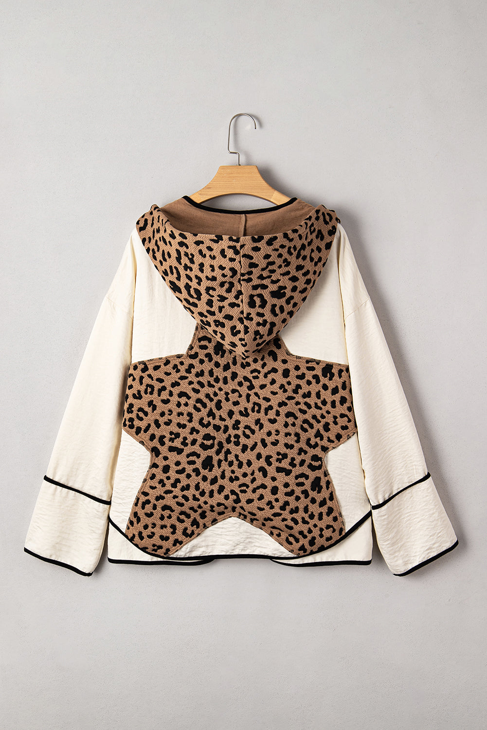 Brown Leopard Star Hooded Patchwork Contrast Piping Open Front Jacket 330d5e9b0966ad4f