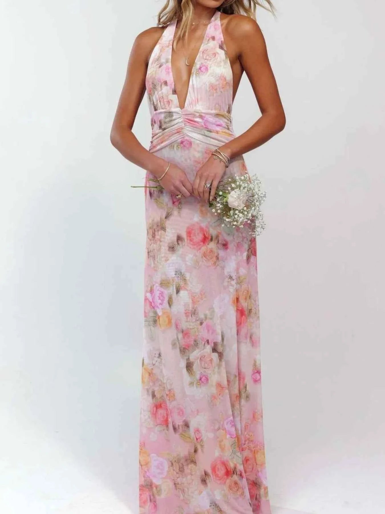 Floral Halter Neck Deep V Maxi Dress Pink 331483f3-86c4-4ec9-8e56-76d1a4899d09-Max-Origin