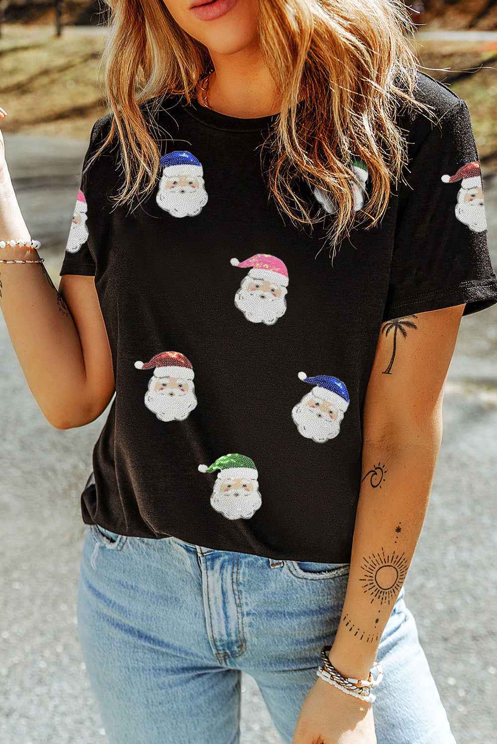 Black Father Christmas Graphic Sequins Patch T Shirt 33398d31c82a6e71