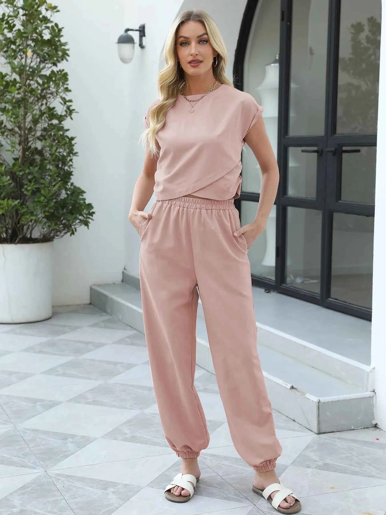Round Neck Short Sleeve Top and Pants Set 334959e1b3124c228093b97ce1fb463e-Max-Origin
