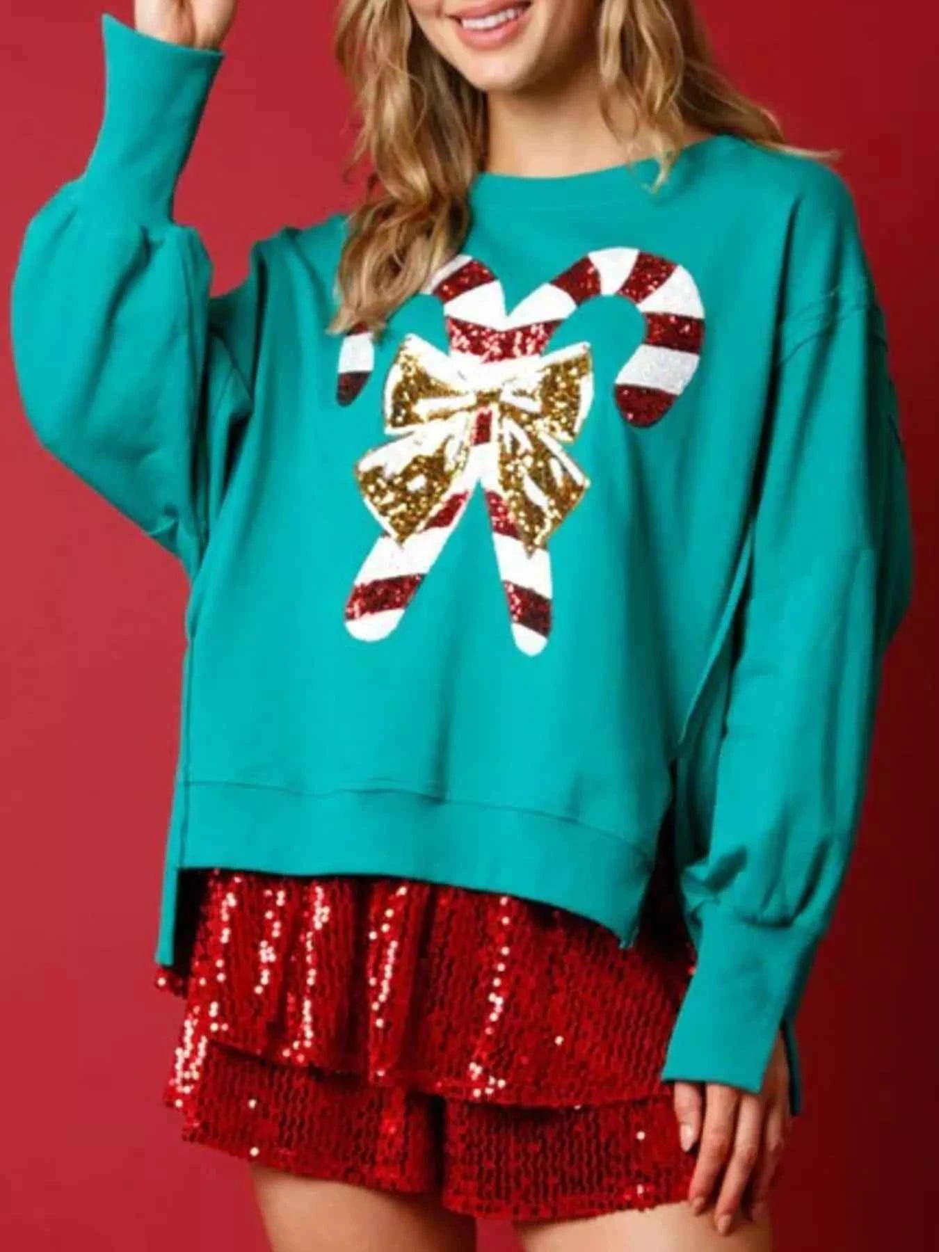 Christmas Candy Cane Bow Dropped Shoulder Sweatshirt Green 335b0efe-ceb2-4d33-b5cb-fca0afb4e767-Max-Origin