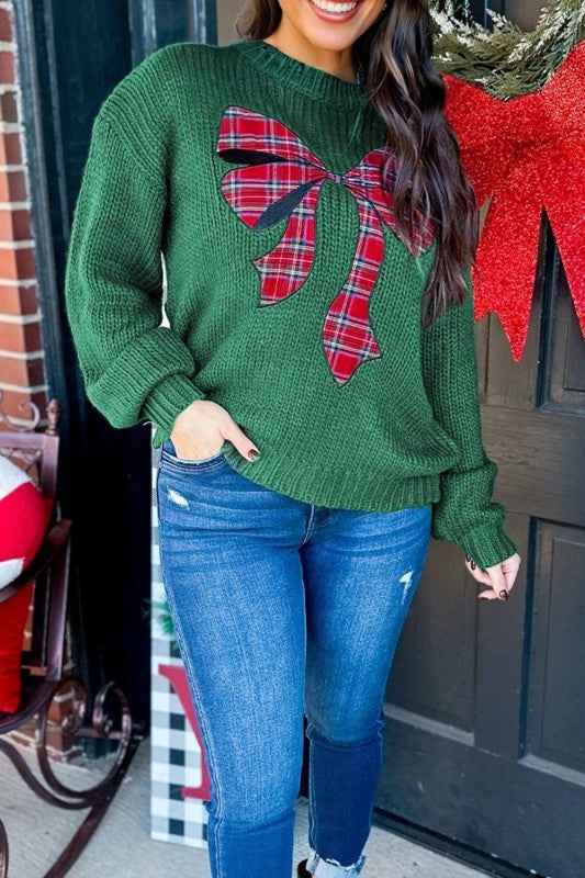 Plaid Bow Drop Shoulder Christmas Sweater 336646c5-1adb-47a6-8ad6-1c8eb5ca47a7